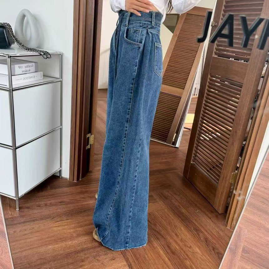 Two-Button Belted Wide Denim Pants