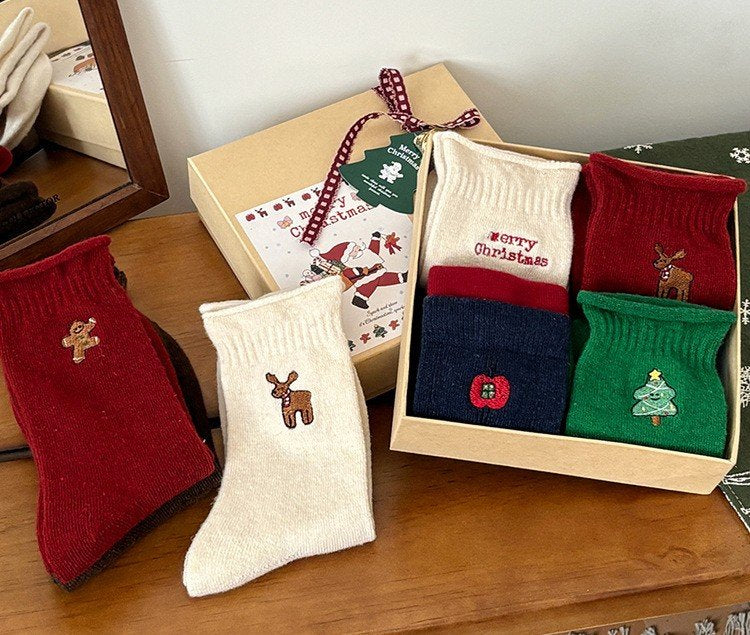 Holiday Cozy Embroidery Socks – 4-Pair Gift Box Set