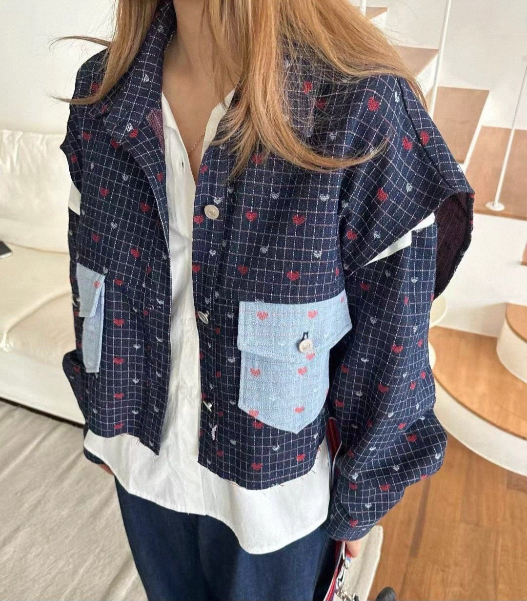 Heart Patch Denim Vest & Shirt Set