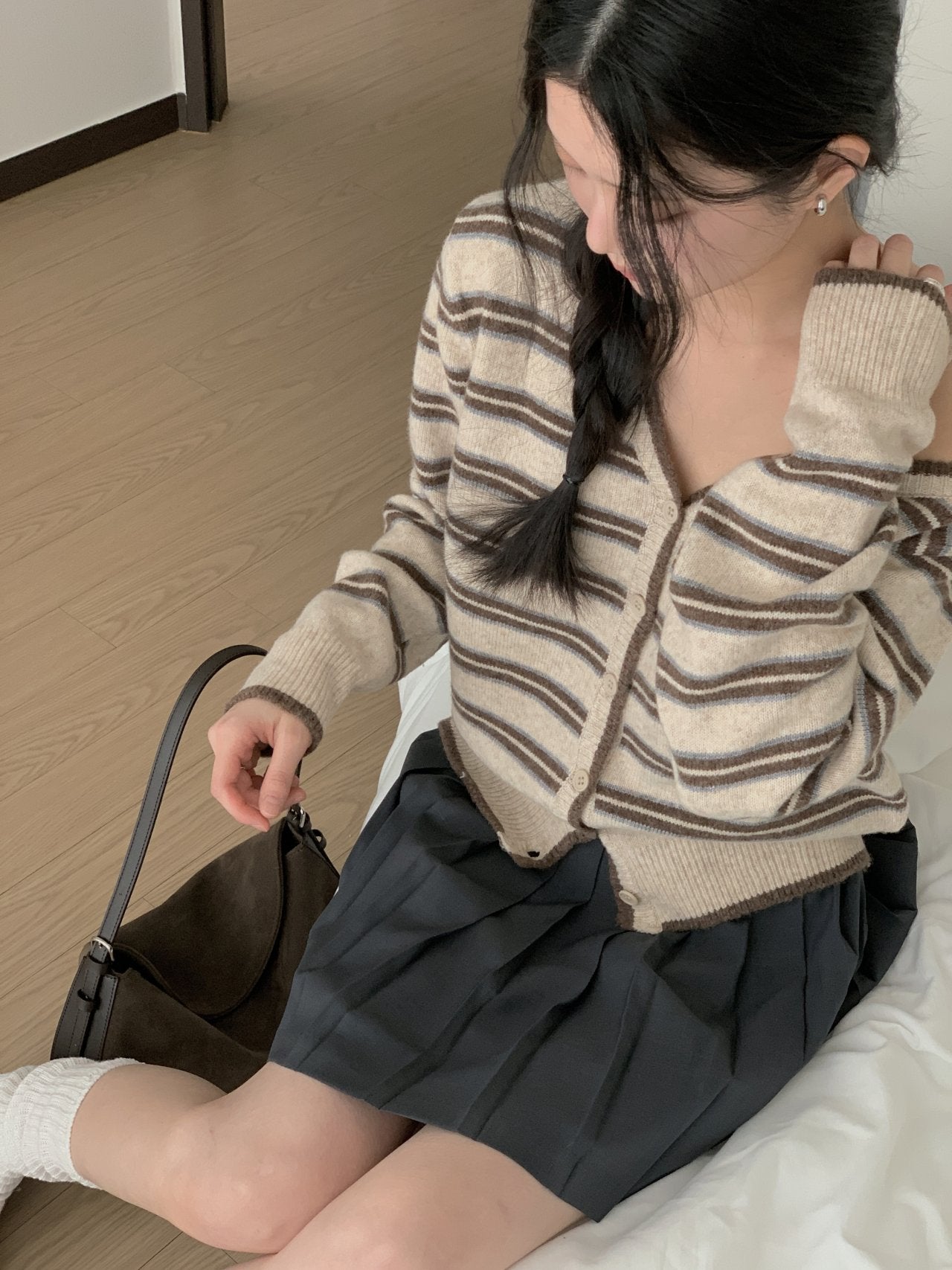 Soft Mood One-Shoulder Off Stripe Cardigan Wool Blend Made in Korea - Luckyplanetusa