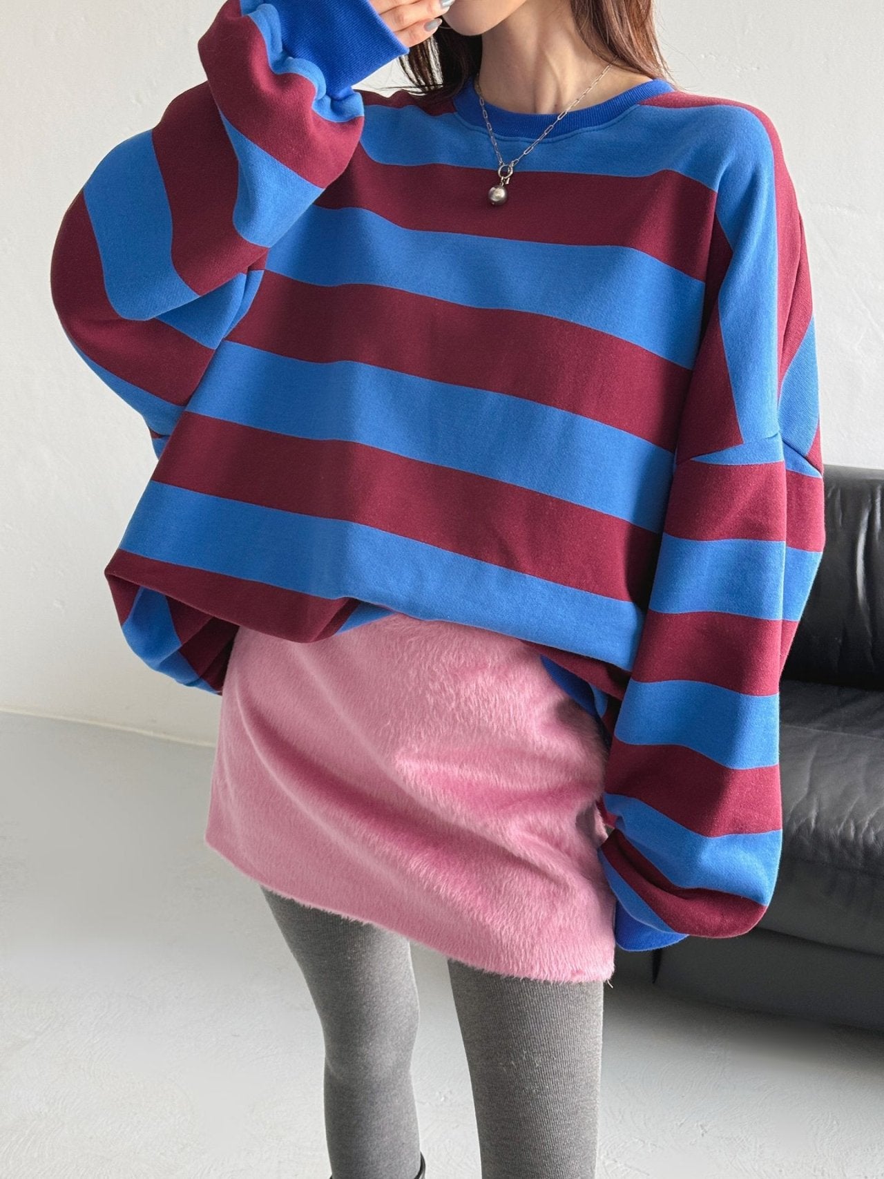 Color Block Cozy Stripe Fleece Oversize Sweatshirt