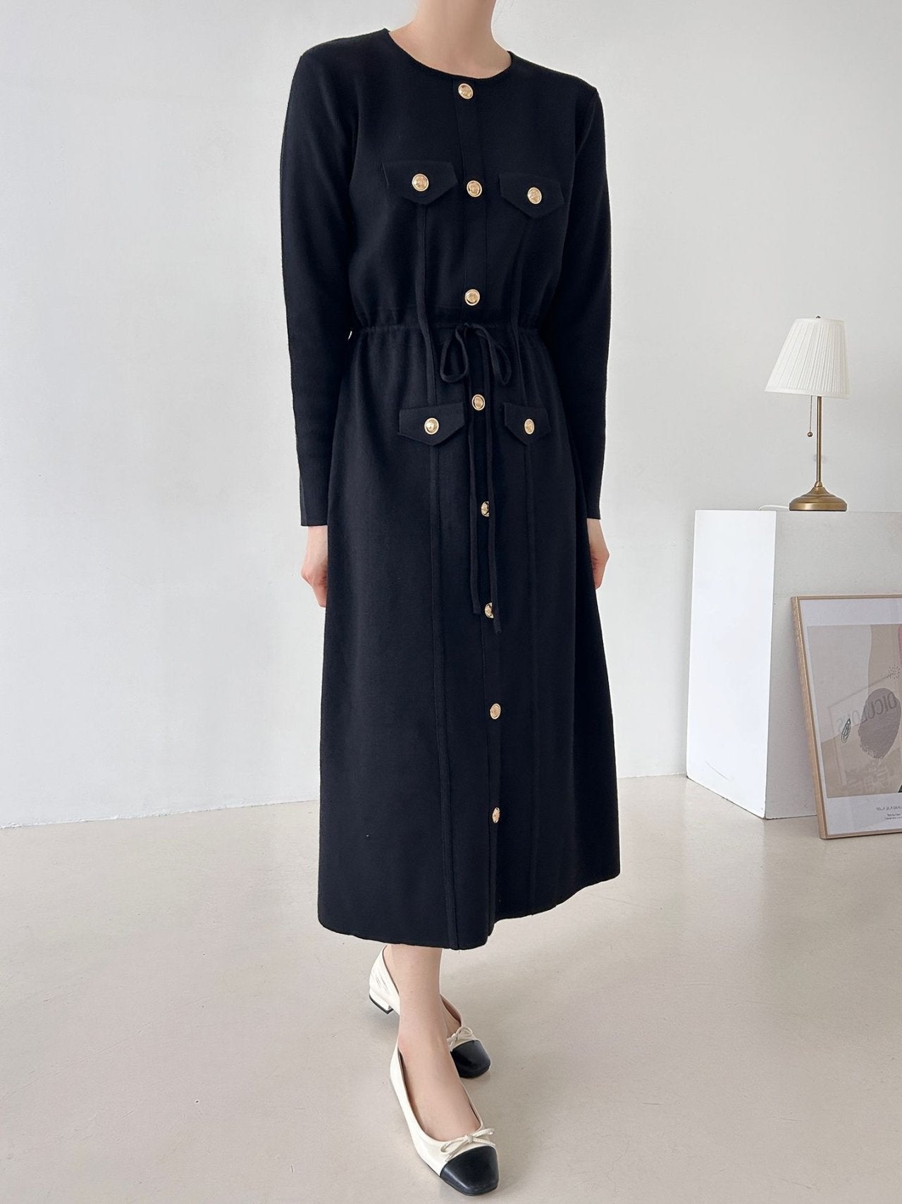 Gold Button Knit Midi Dress