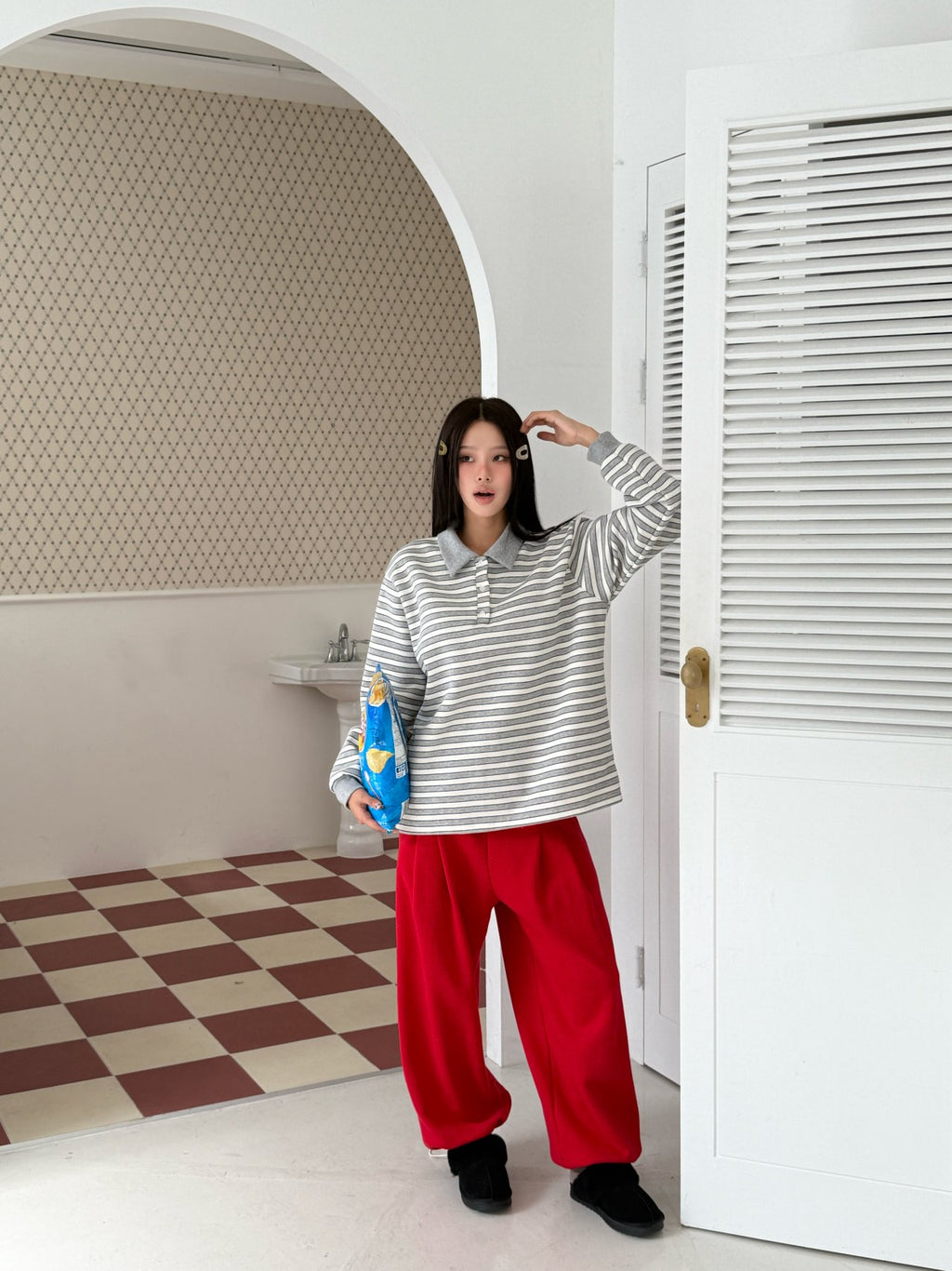 Brushed Fleece Cookie Collar Striped Long Sleeve