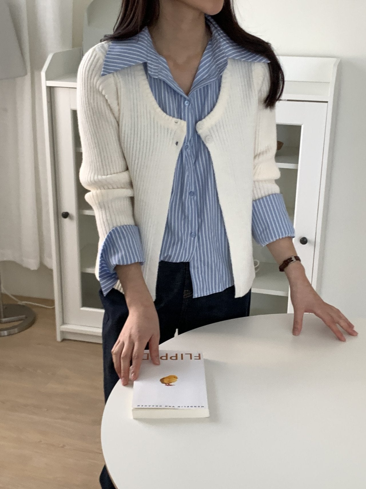 Layered Stripe-Collar Knit Cardigan Top