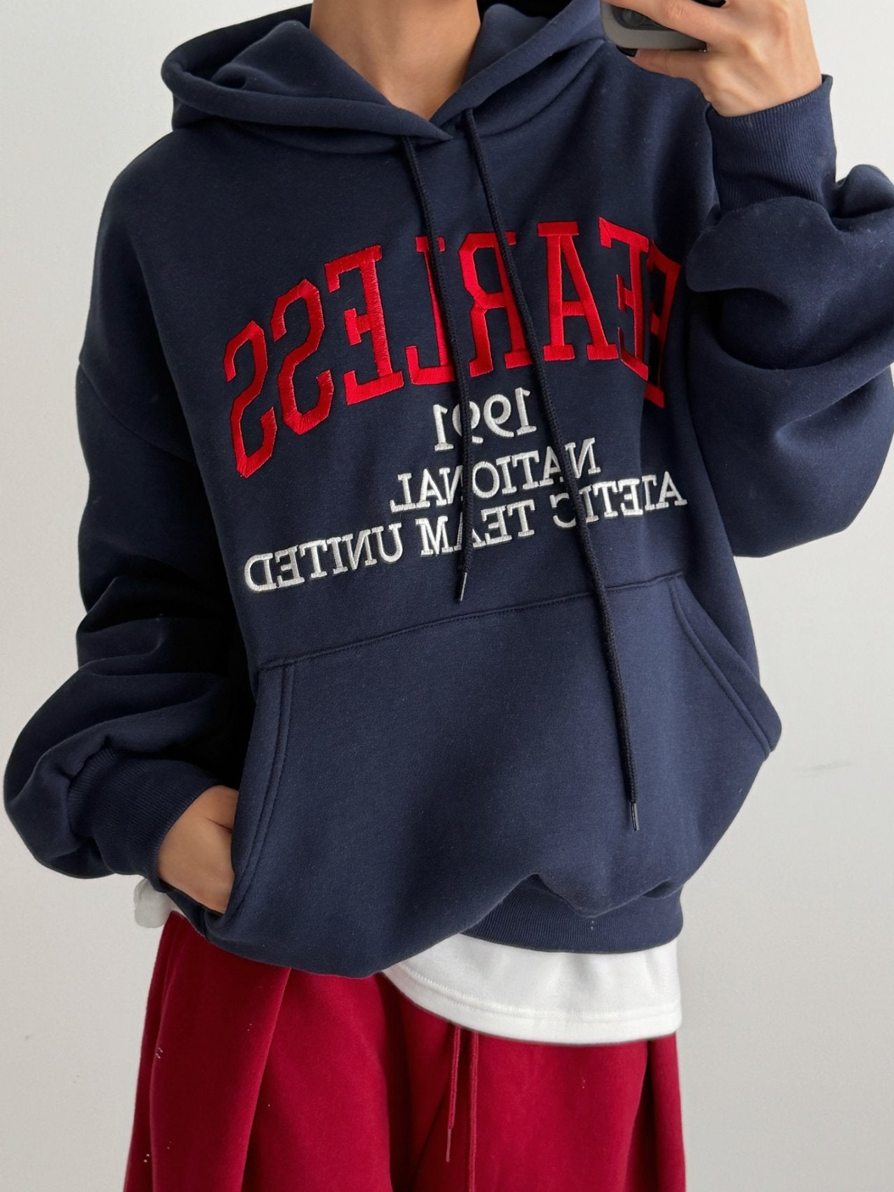 Fearless Embroidered Fleece Hoodie Made in Korea