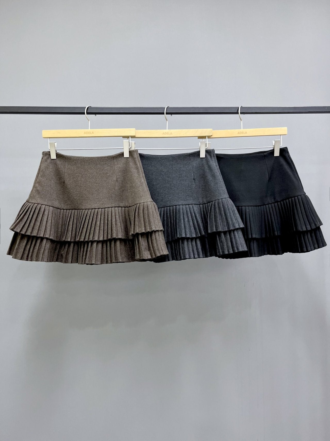 Two-Tier Pleated Wool Mini Skirt