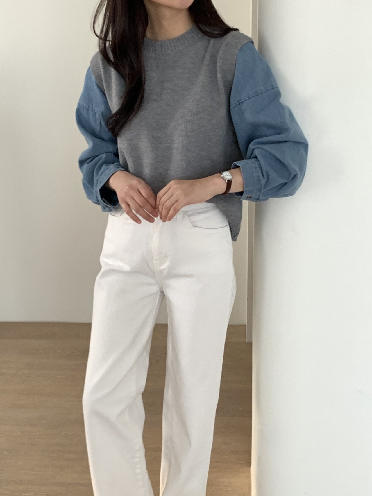 Denim Contrast Knit Pullover — Two-Tone Sleeve Layered Top