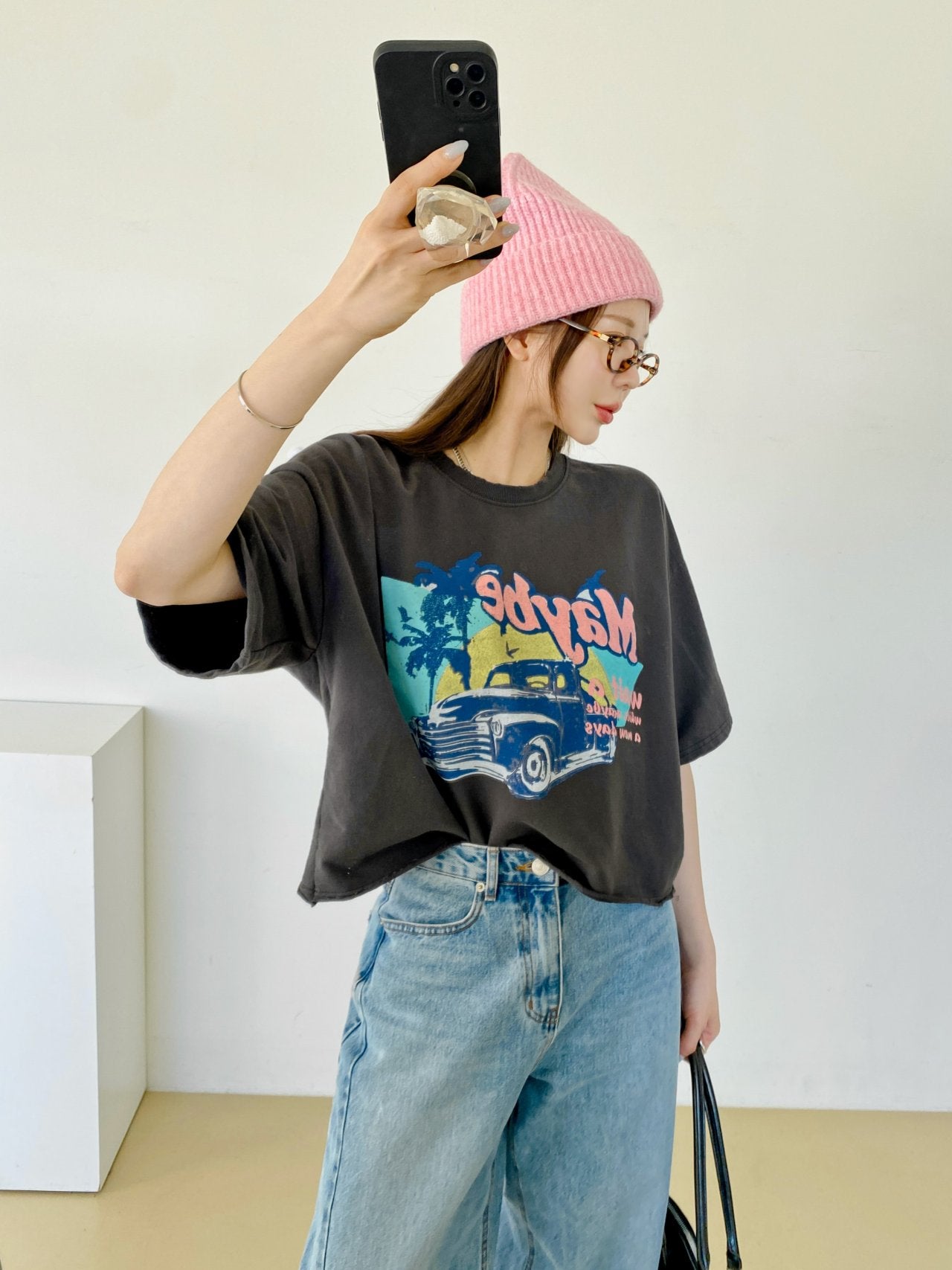 Maybe Sunset Graphic Crop Tee 100% Cotton Made in Korea