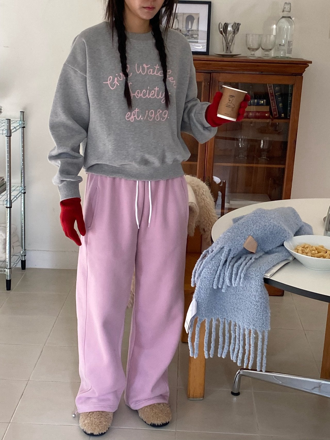 Girl Watcher Society Embroidery Cozy Brushed Fleece Sweatshirt Made in Korea