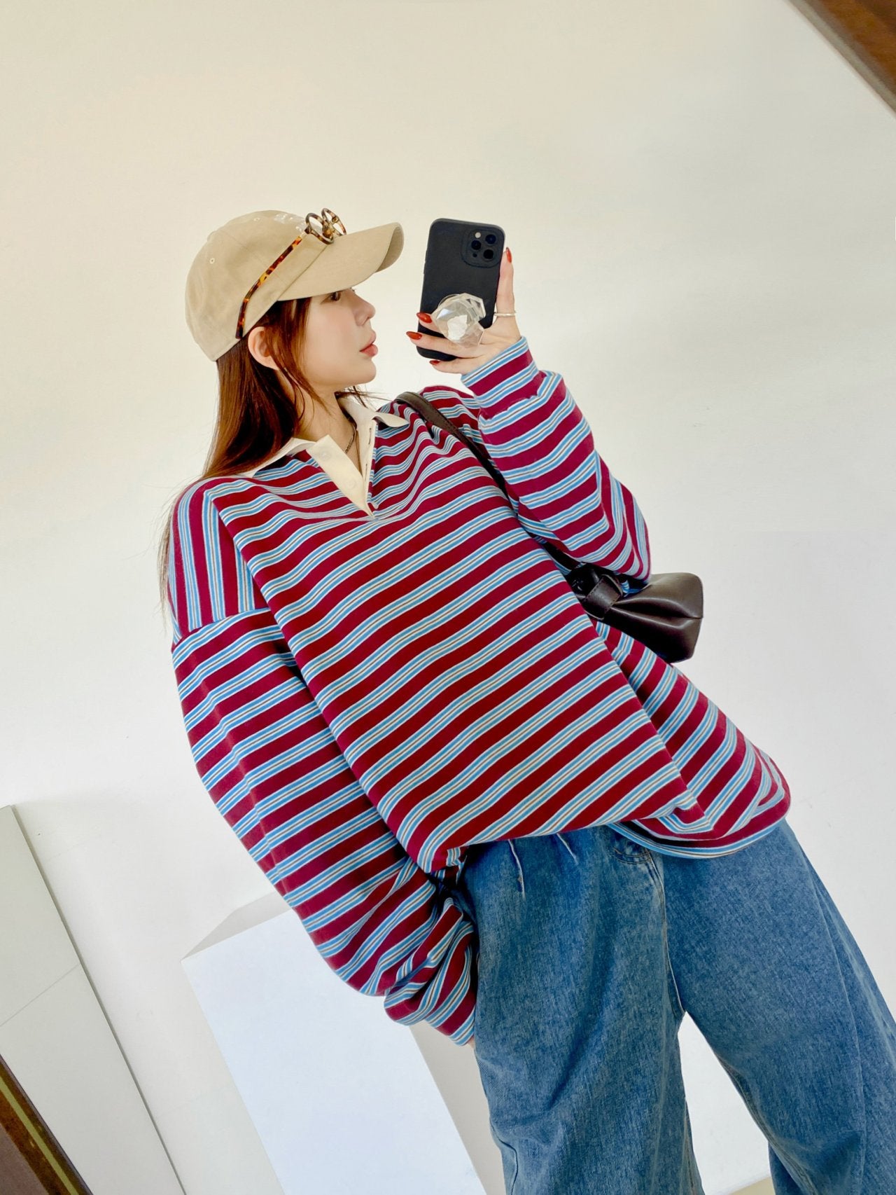 Classic Retro Stripe Collar Long Sleeve Tee
