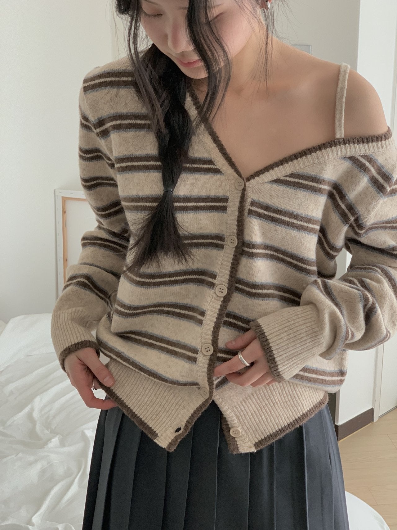 Soft Mood One-Shoulder Off Stripe Cardigan Wool Blend Made in Korea - Luckyplanetusa