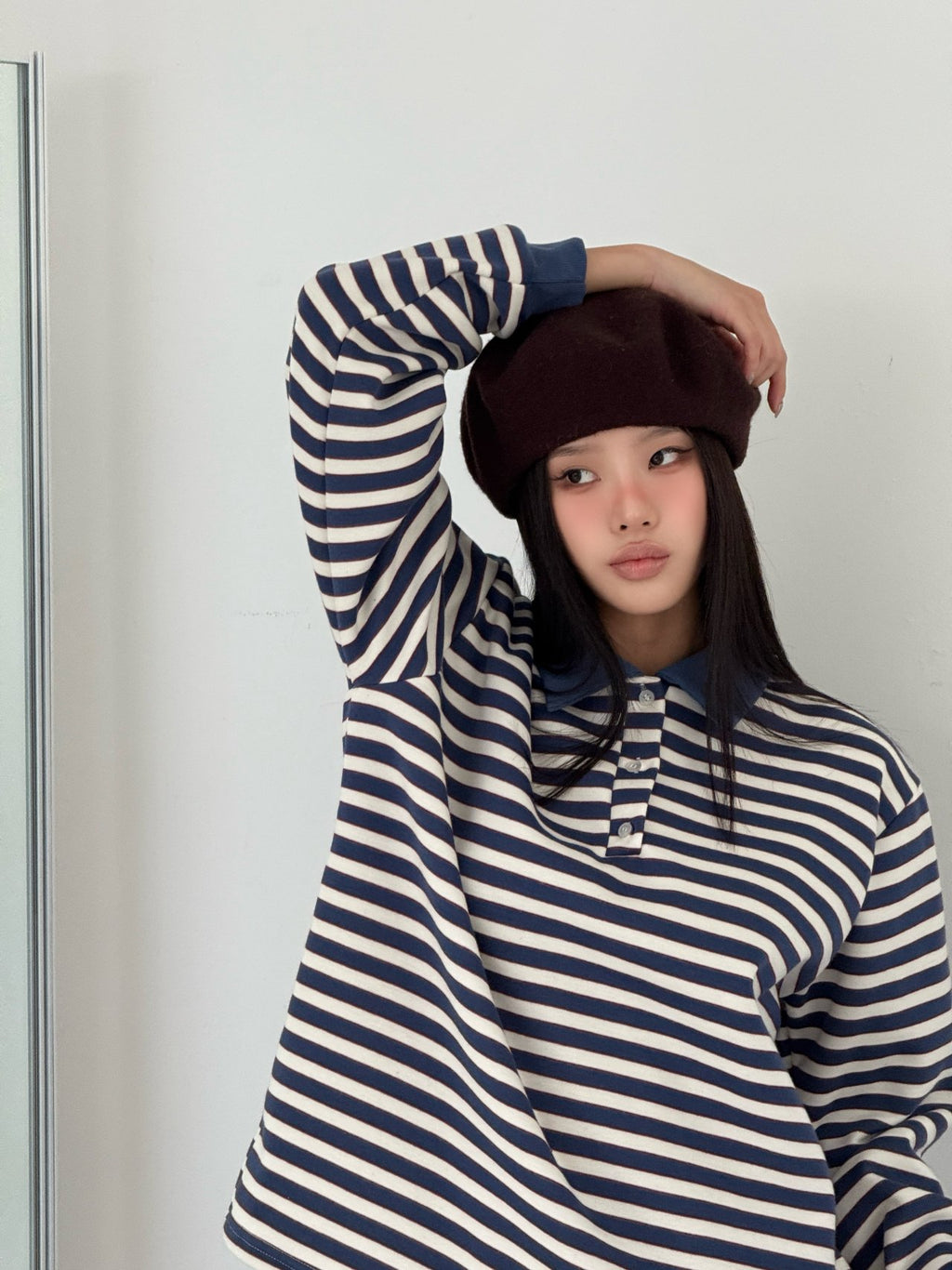 Brushed Fleece Cookie Collar Striped Long Sleeve