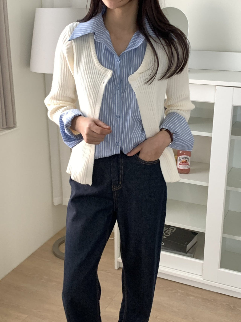Layered Stripe-Collar Knit Cardigan Top