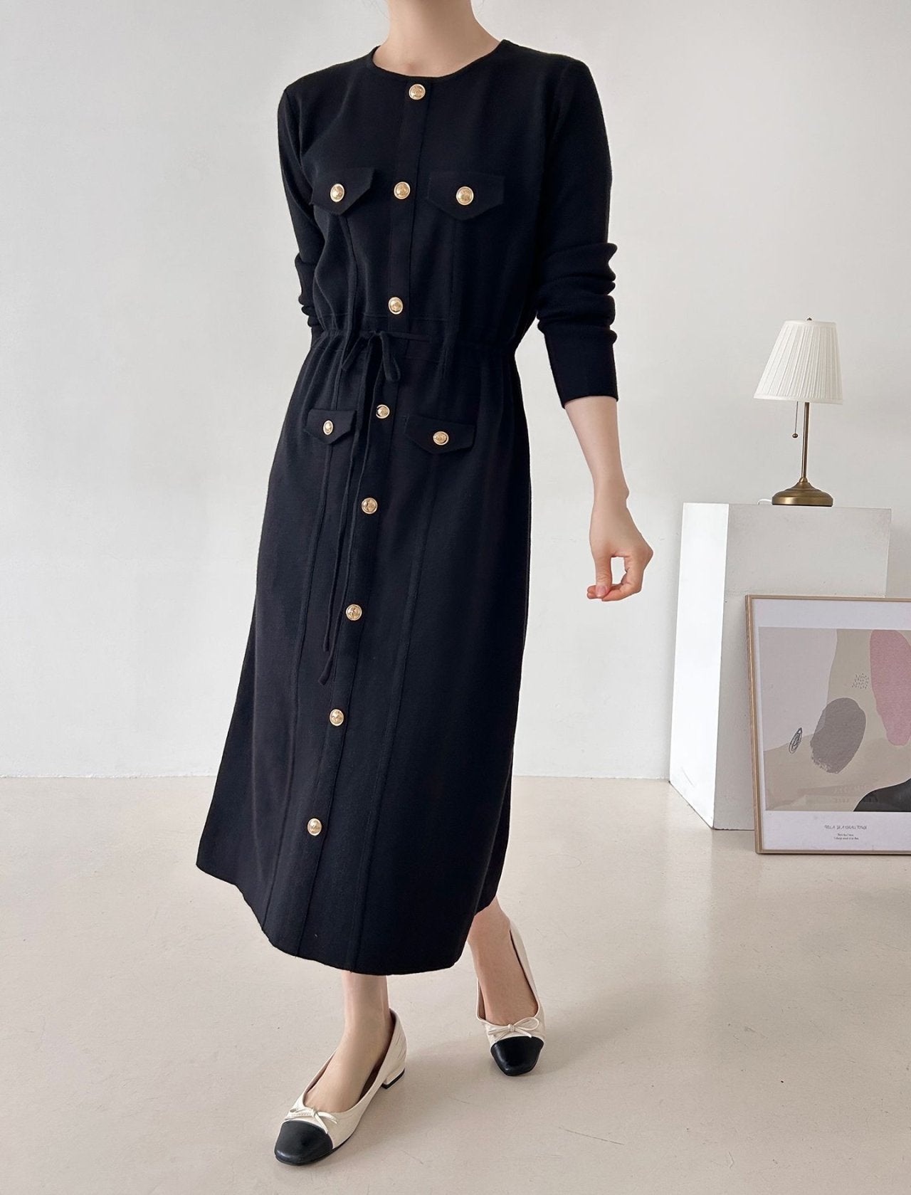 Gold Button Knit Midi Dress