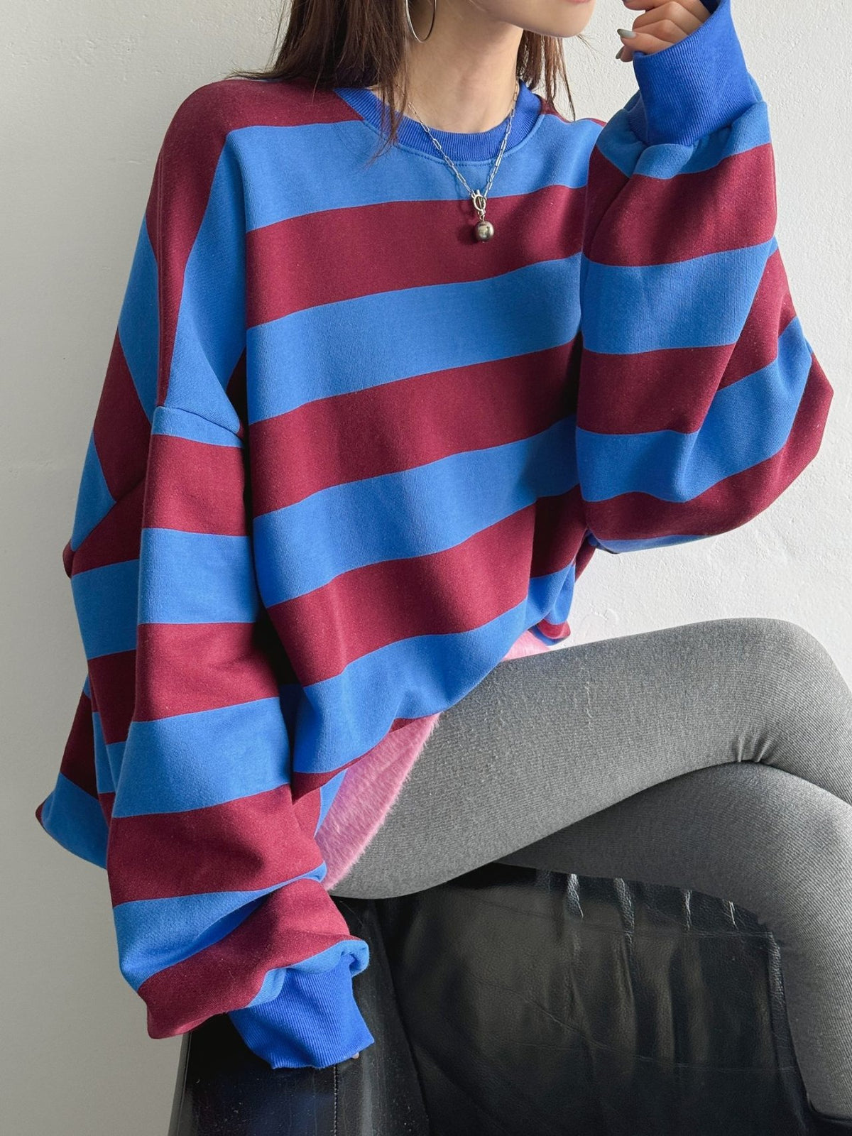 Color Block Cozy Stripe Fleece Oversize Sweatshirt - Luckyplanetusa