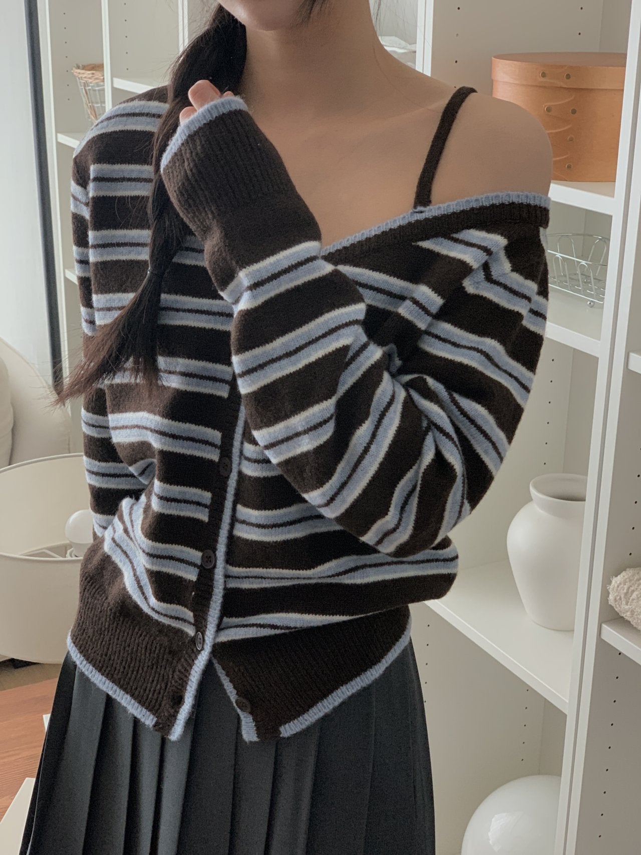 Soft Mood One-Shoulder Off Stripe Cardigan Wool Blend Made in Korea