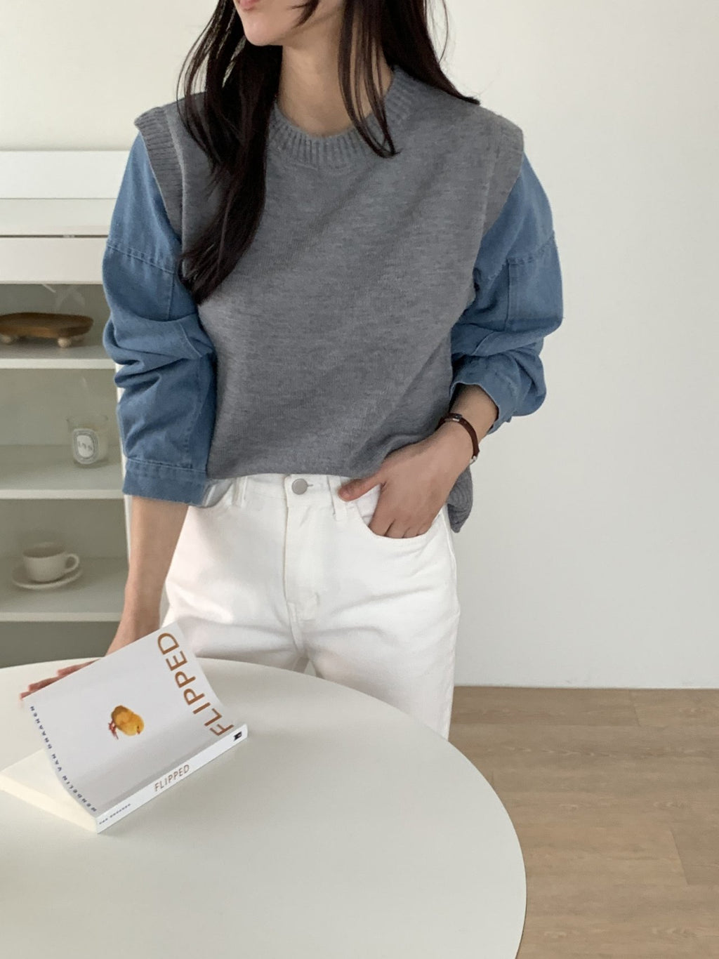 Denim Contrast Knit Pullover — Two-Tone Sleeve Layered Top