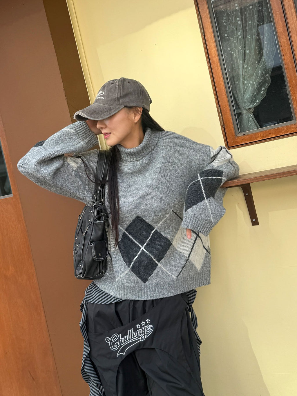 Argyle Cozy High-Neck Knit Sweater