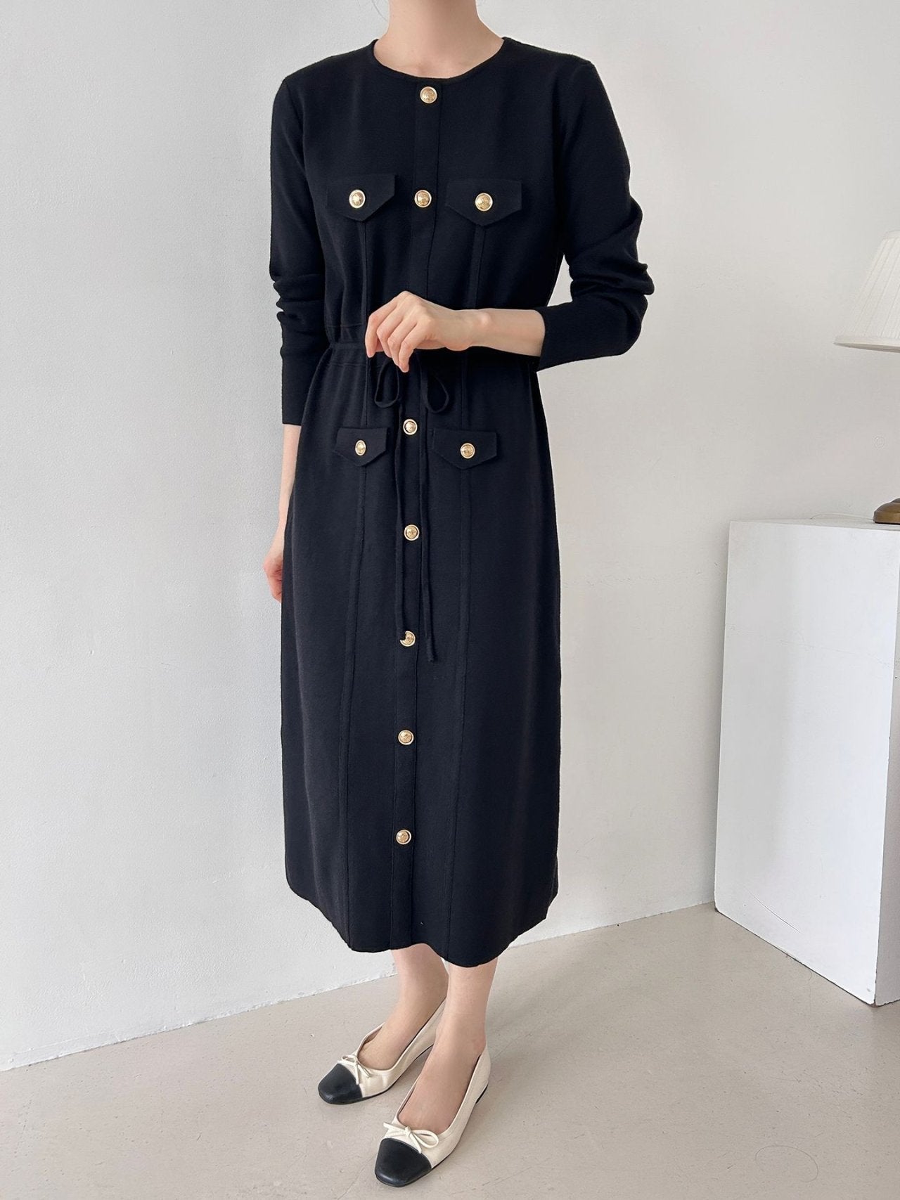 Gold Button Knit Midi Dress