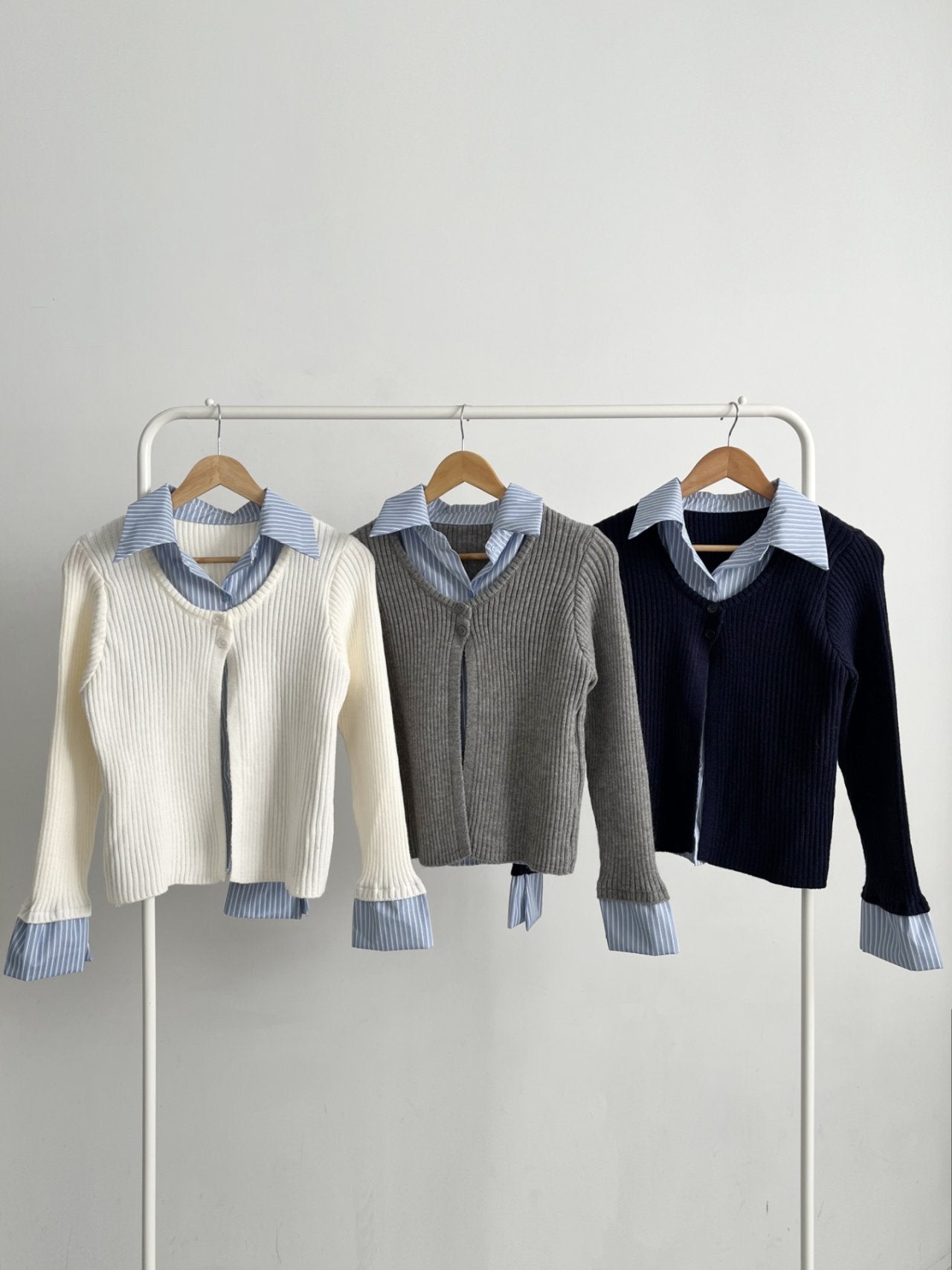 Layered Stripe-Collar Knit Cardigan Top