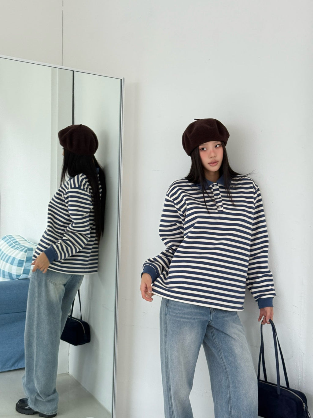 Brushed Fleece Cookie Collar Striped Long Sleeve