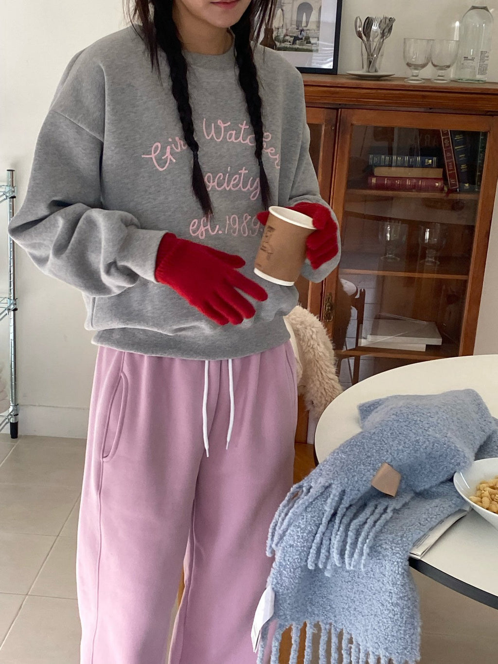 Girl Watcher Society Embroidery Cozy Brushed Fleece Sweatshirt Made in Korea