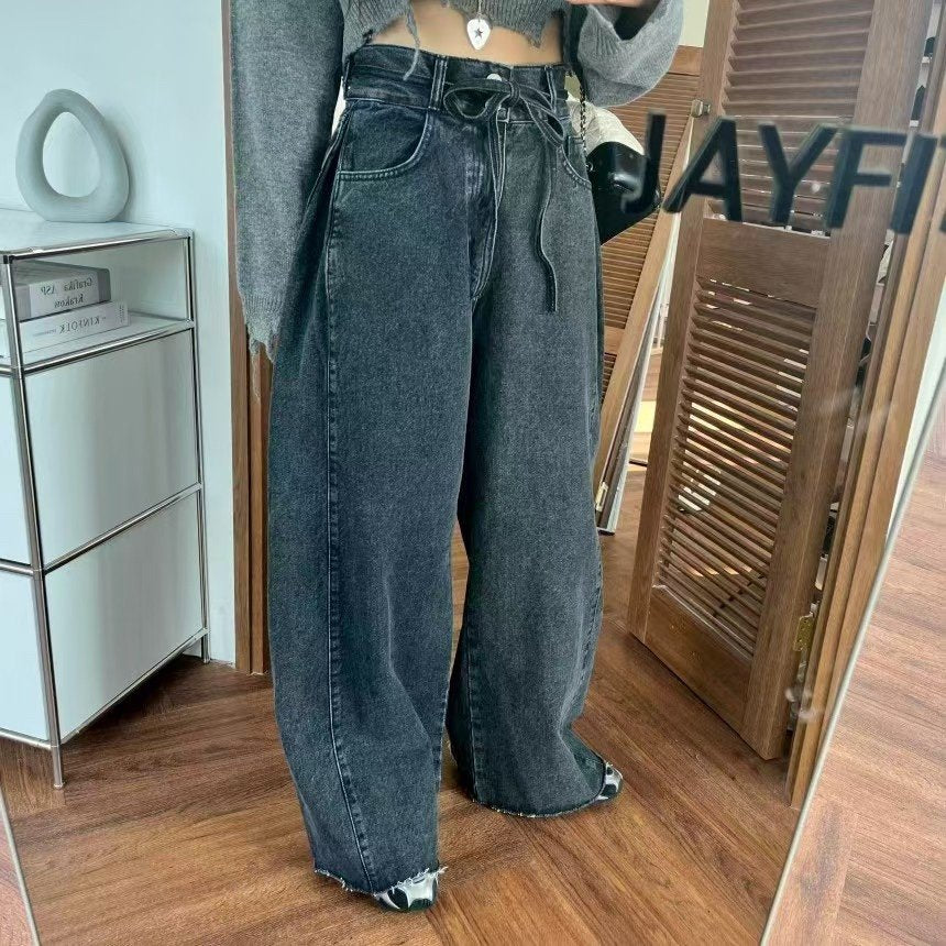 Two-Button Belted Wide Denim Pants