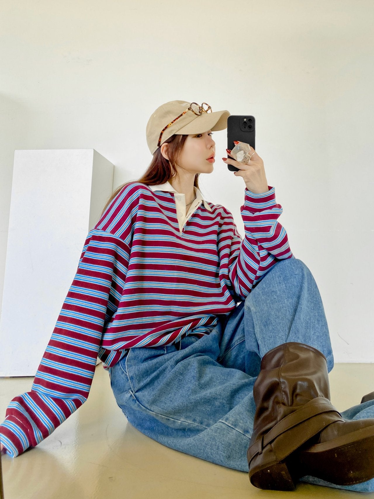 Classic Retro Stripe Collar Long Sleeve Tee