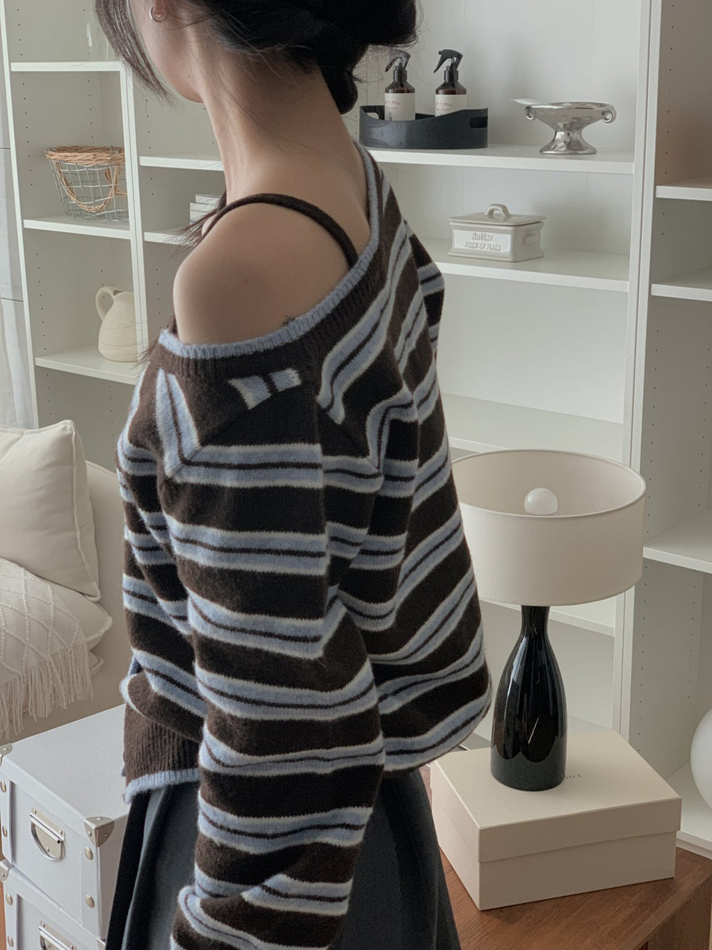 Soft Mood One-Shoulder Off Stripe Cardigan Wool Blend Made in Korea - Luckyplanetusa