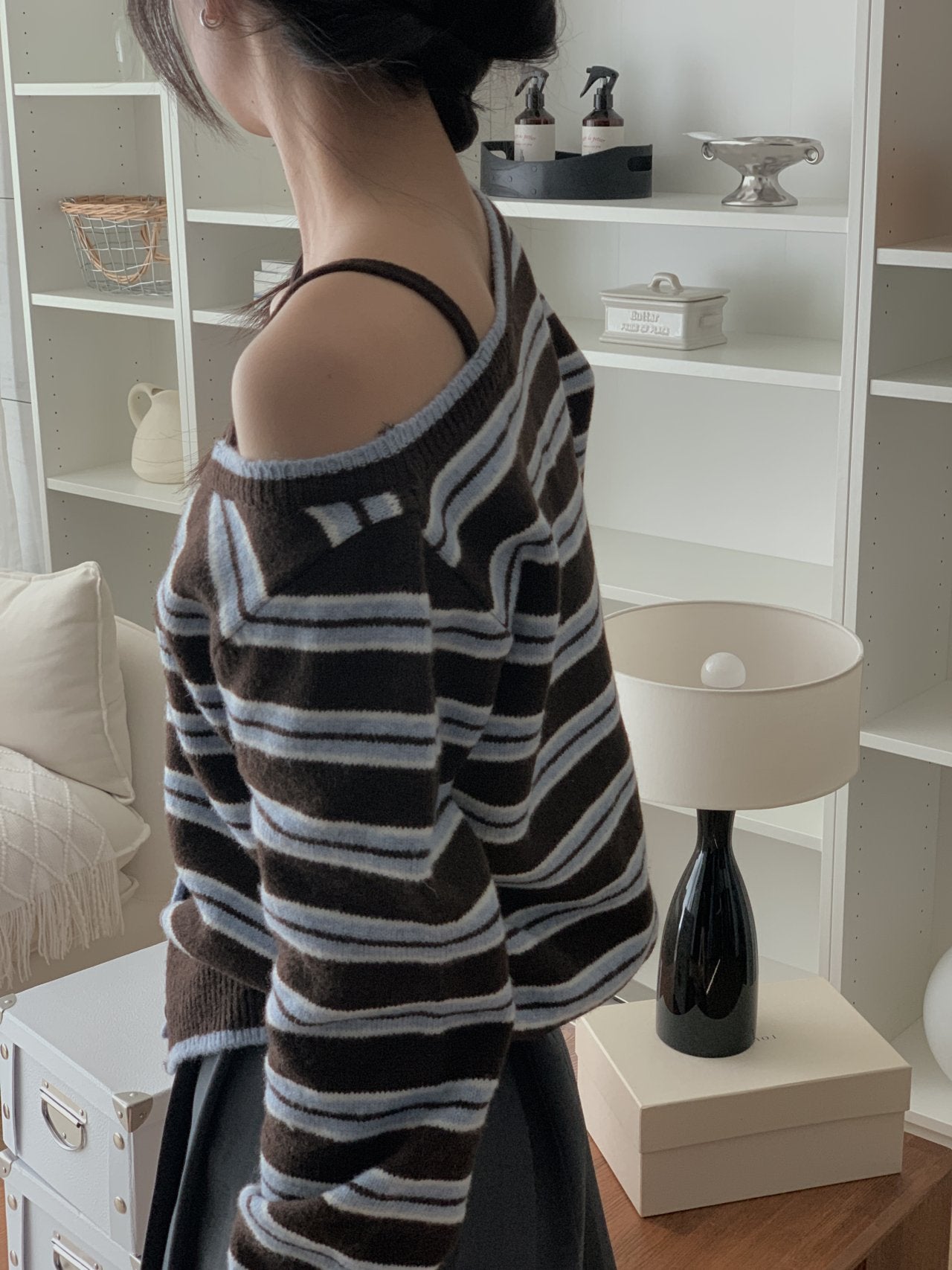 Soft Mood One-Shoulder Off Stripe Cardigan Wool Blend Made in Korea - Luckyplanetusa
