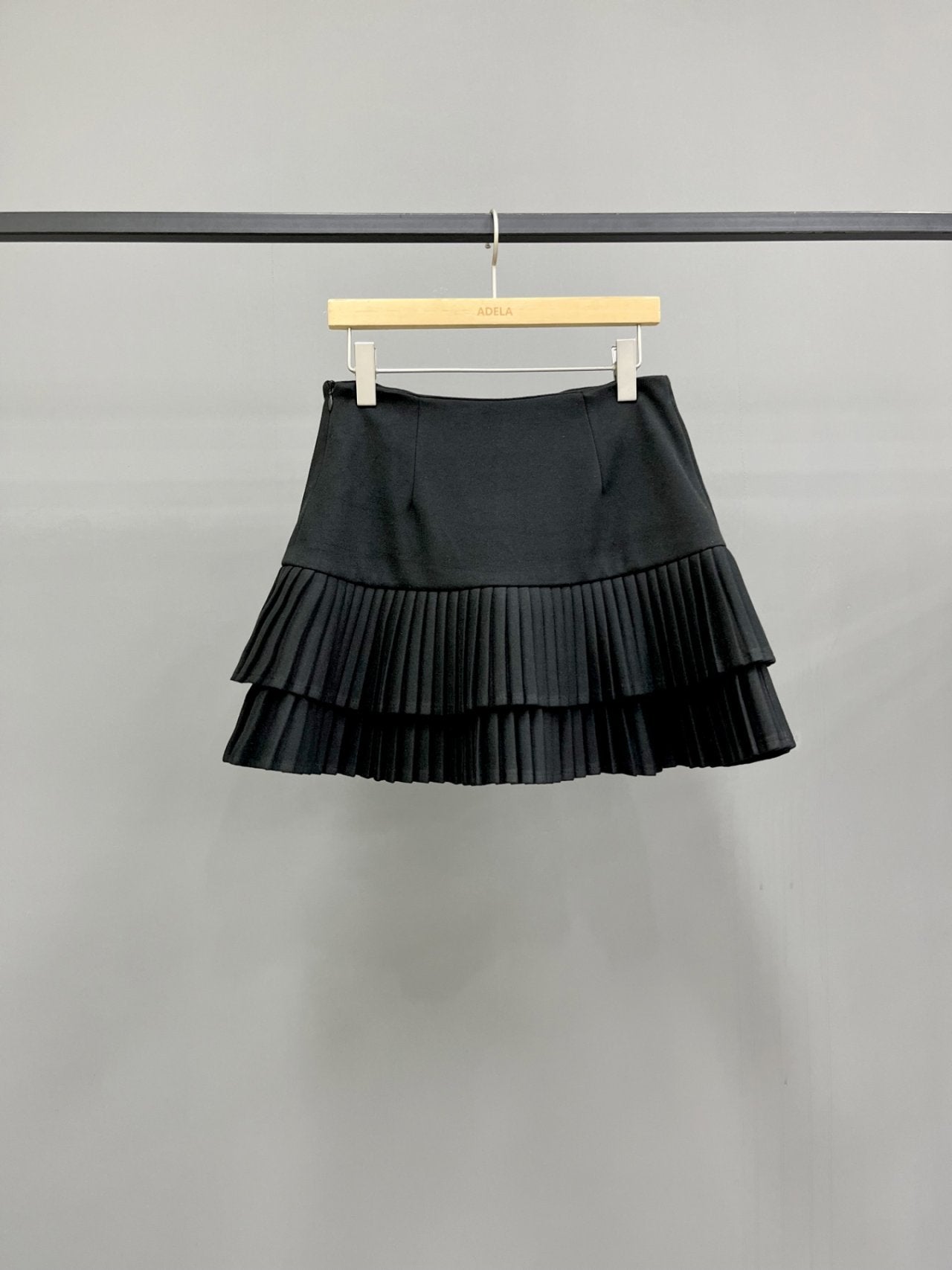 Two-Tier Pleated Wool Mini Skirt
