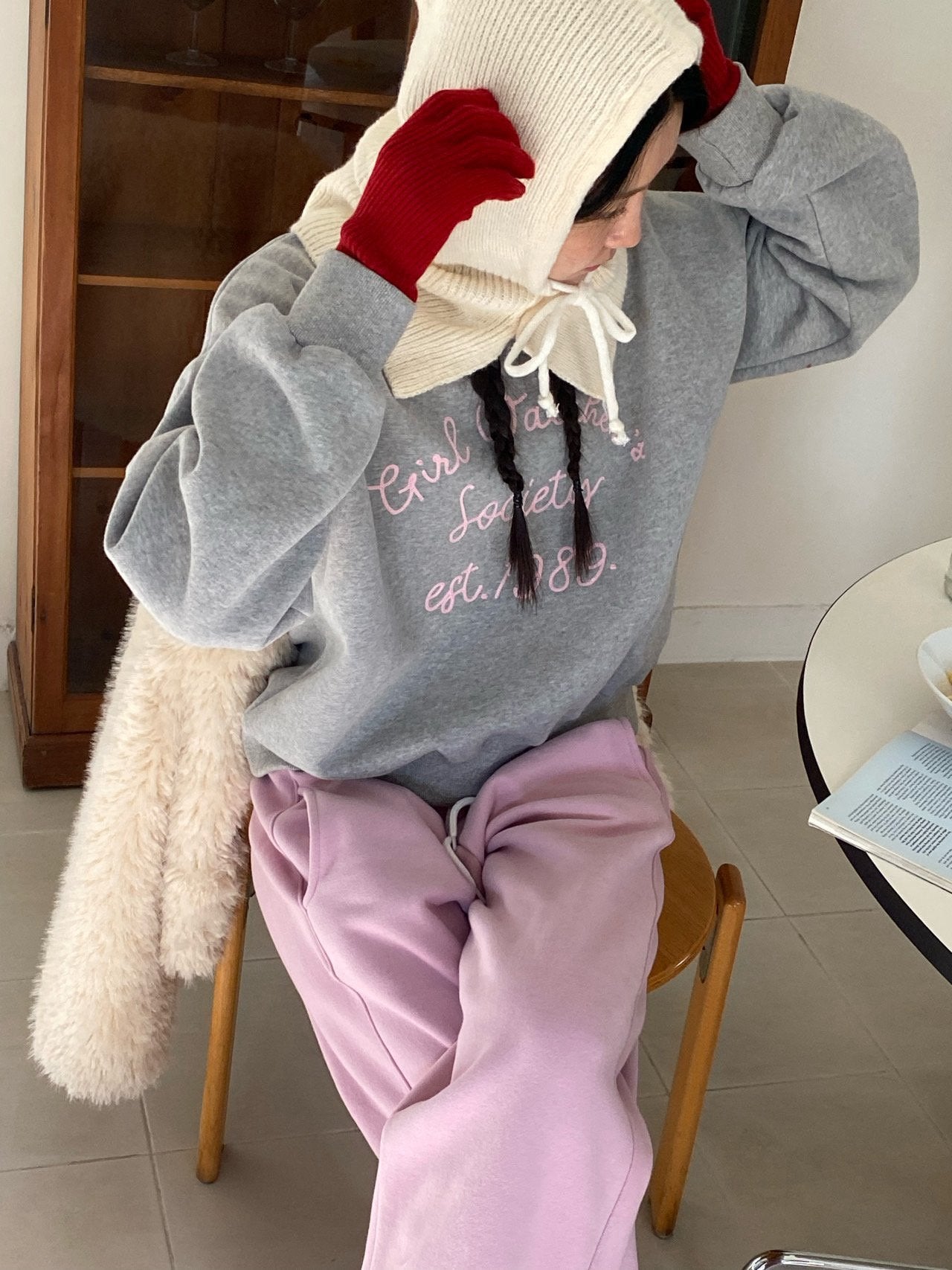 Girl Watcher Society Embroidery Cozy Brushed Fleece Sweatshirt Made in Korea