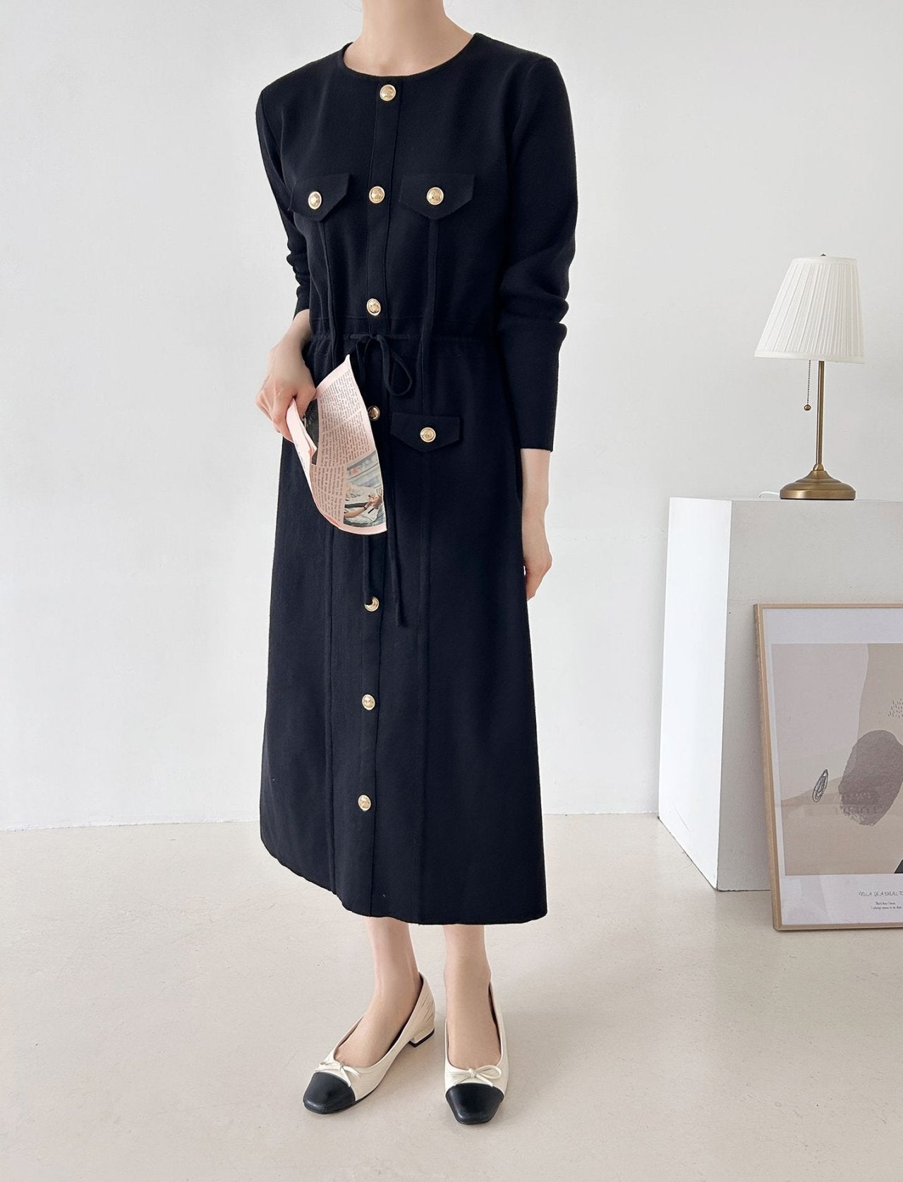 Gold Button Knit Midi Dress - Luckyplanetusa