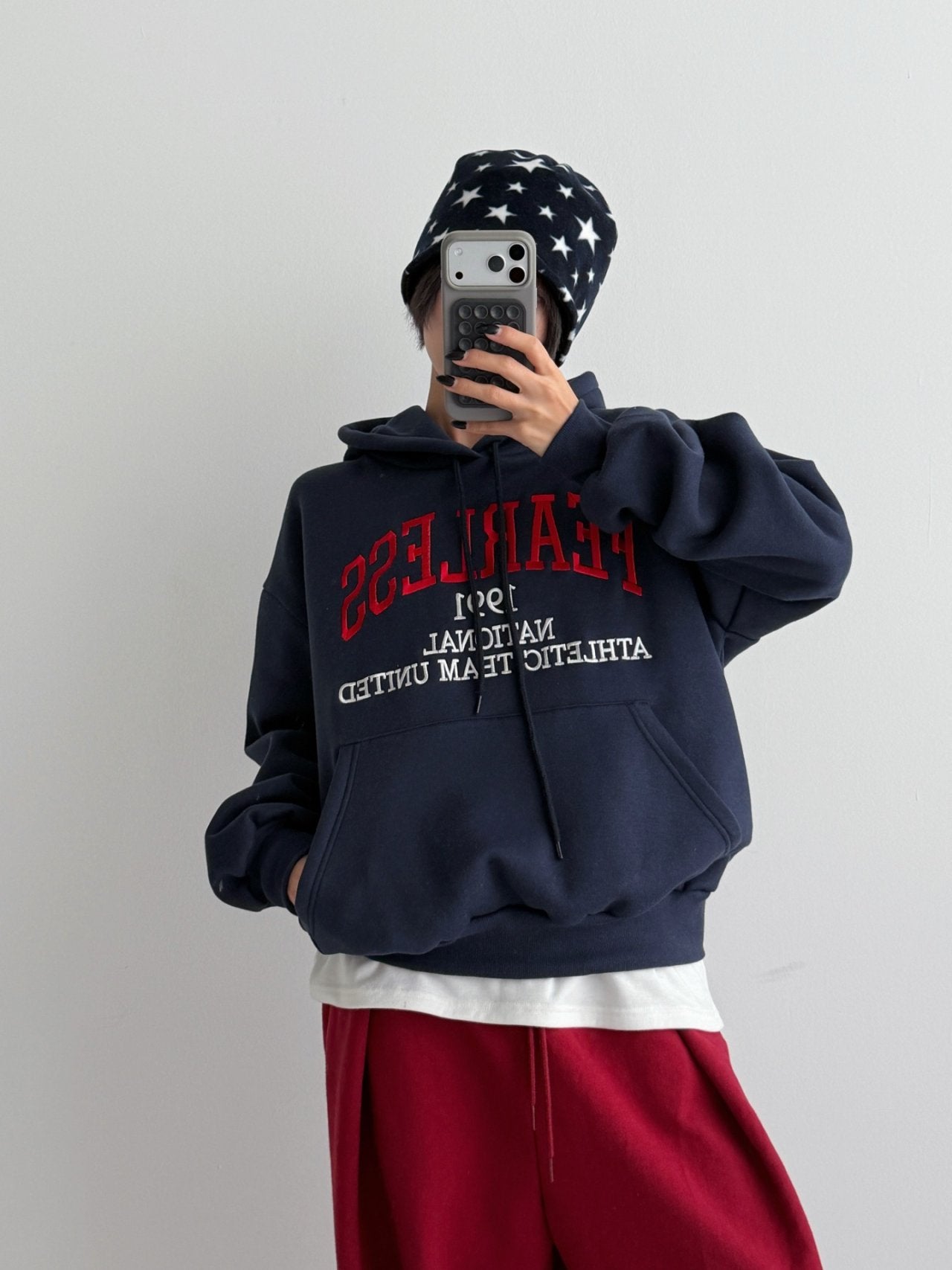 Fearless Embroidered Fleece Hoodie Made in Korea