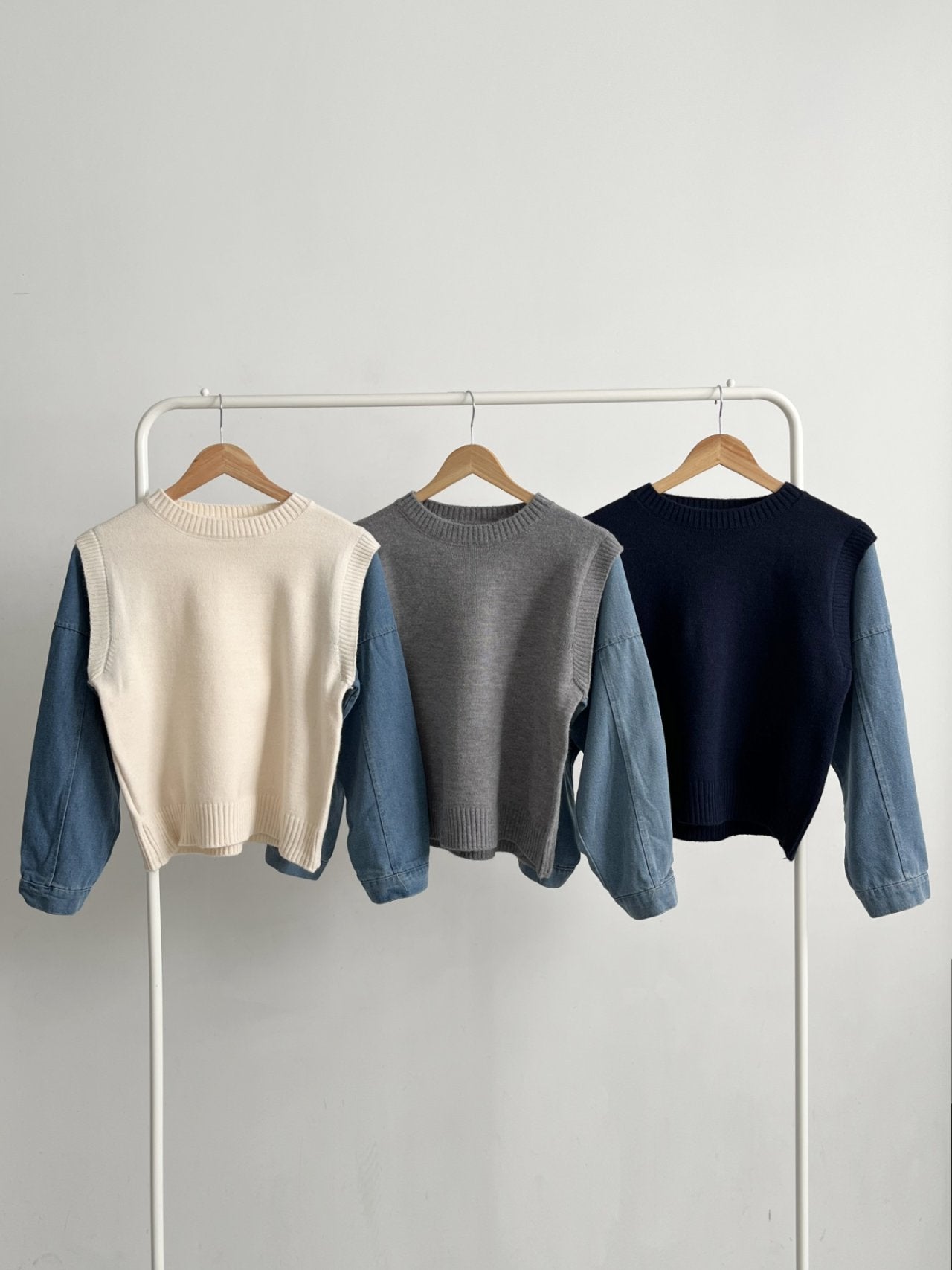 Denim Contrast Knit Pullover — Two-Tone Sleeve Layered Top