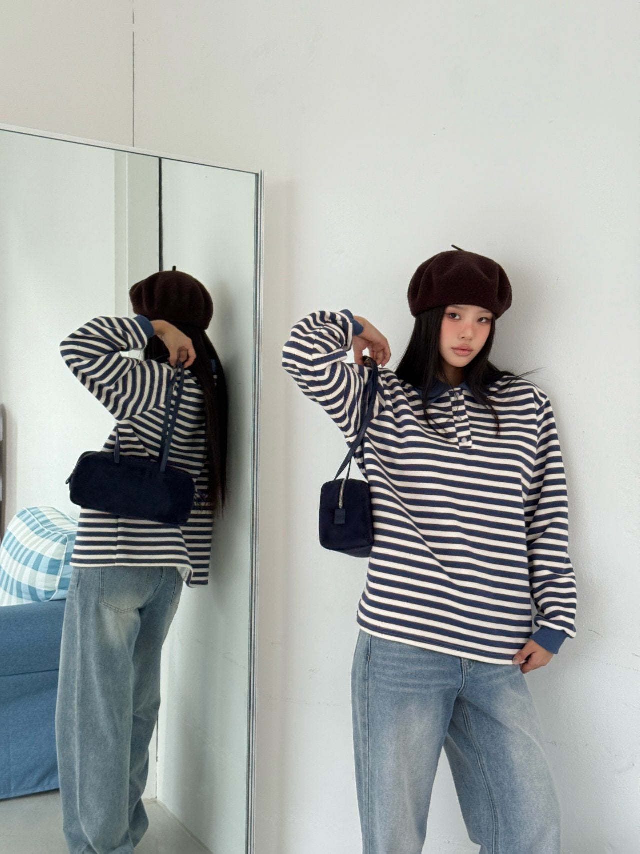 Brushed Fleece Cookie Collar Striped Long Sleeve