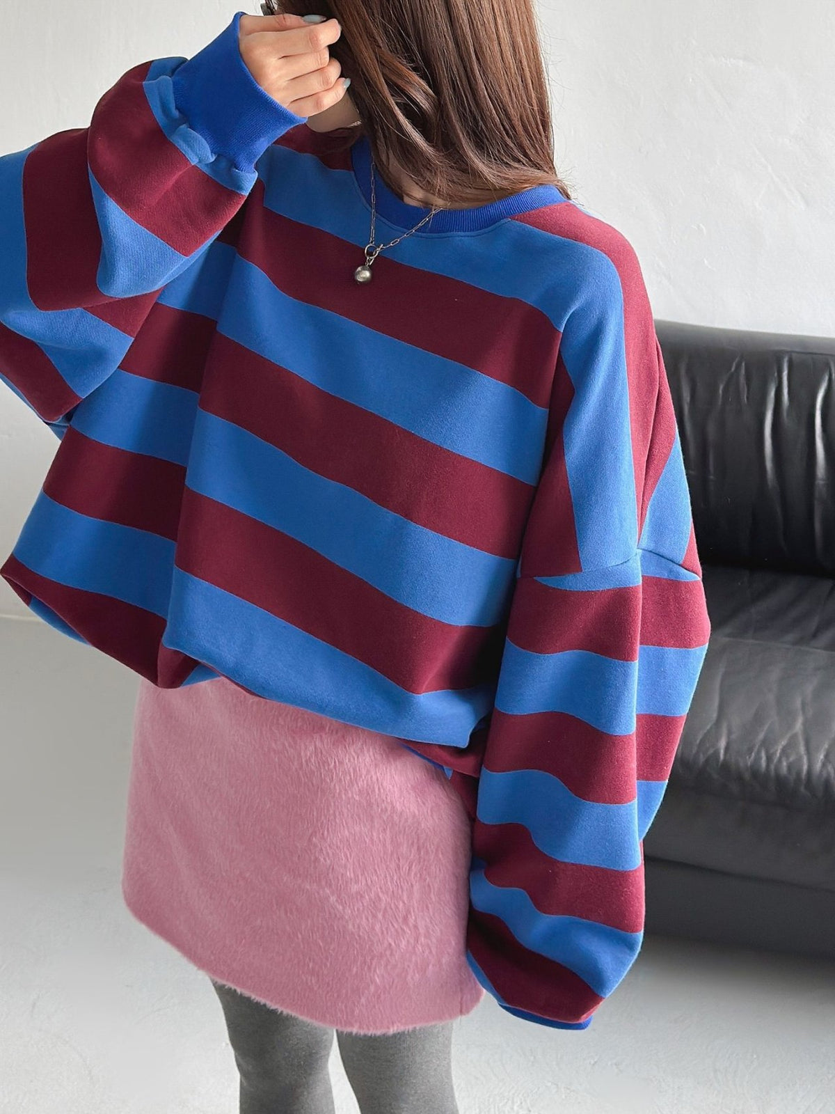 Color Block Cozy Stripe Fleece Oversize Sweatshirt - Luckyplanetusa