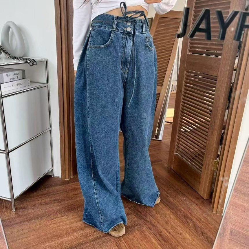 Two-Button Belted Wide Denim Pants
