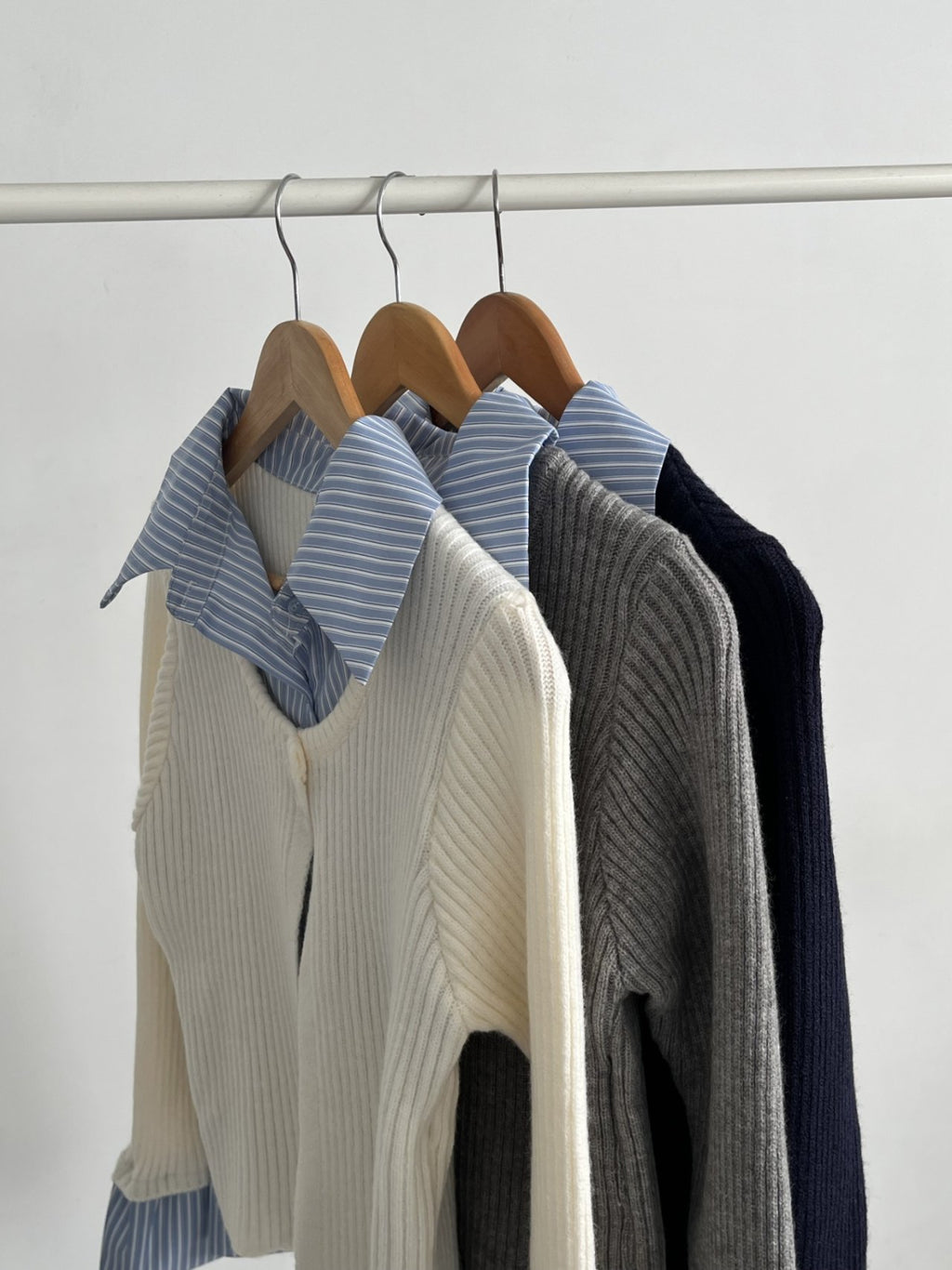 Layered Stripe-Collar Knit Cardigan Top