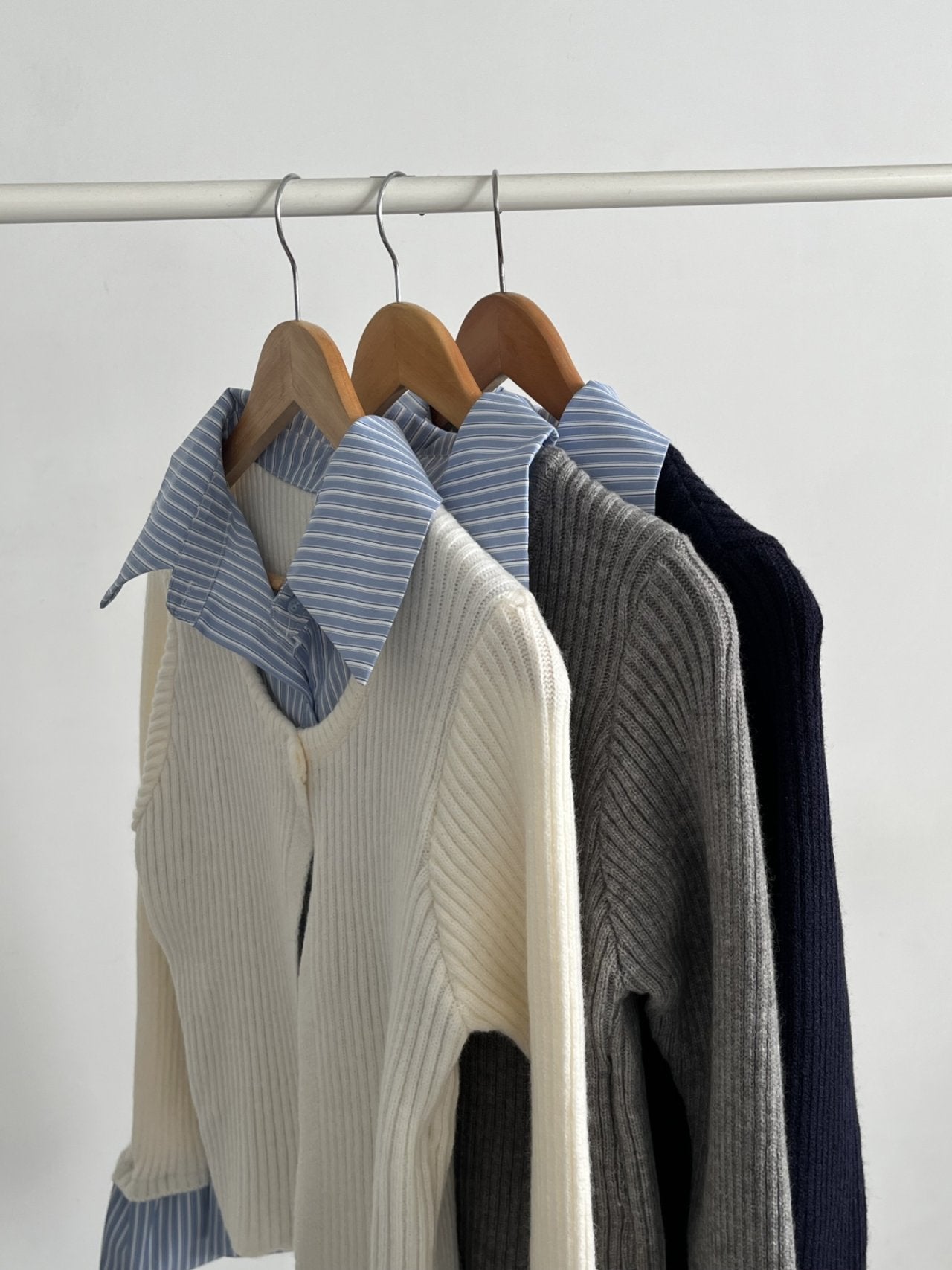 Layered Stripe-Collar Knit Cardigan Top