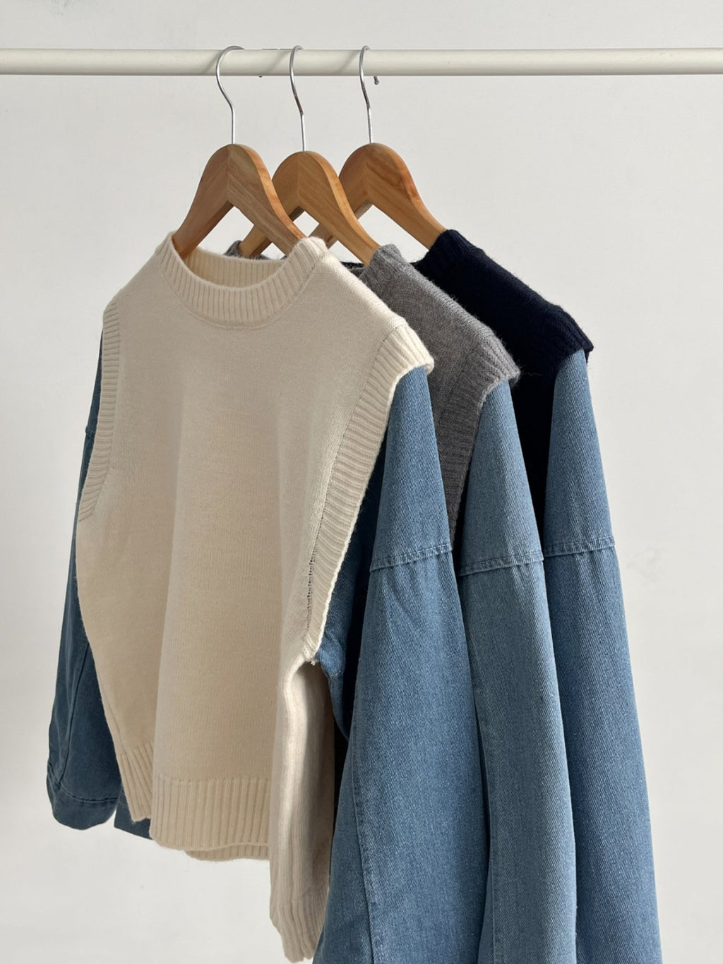 Denim Contrast Knit Pullover — Two-Tone Sleeve Layered Top