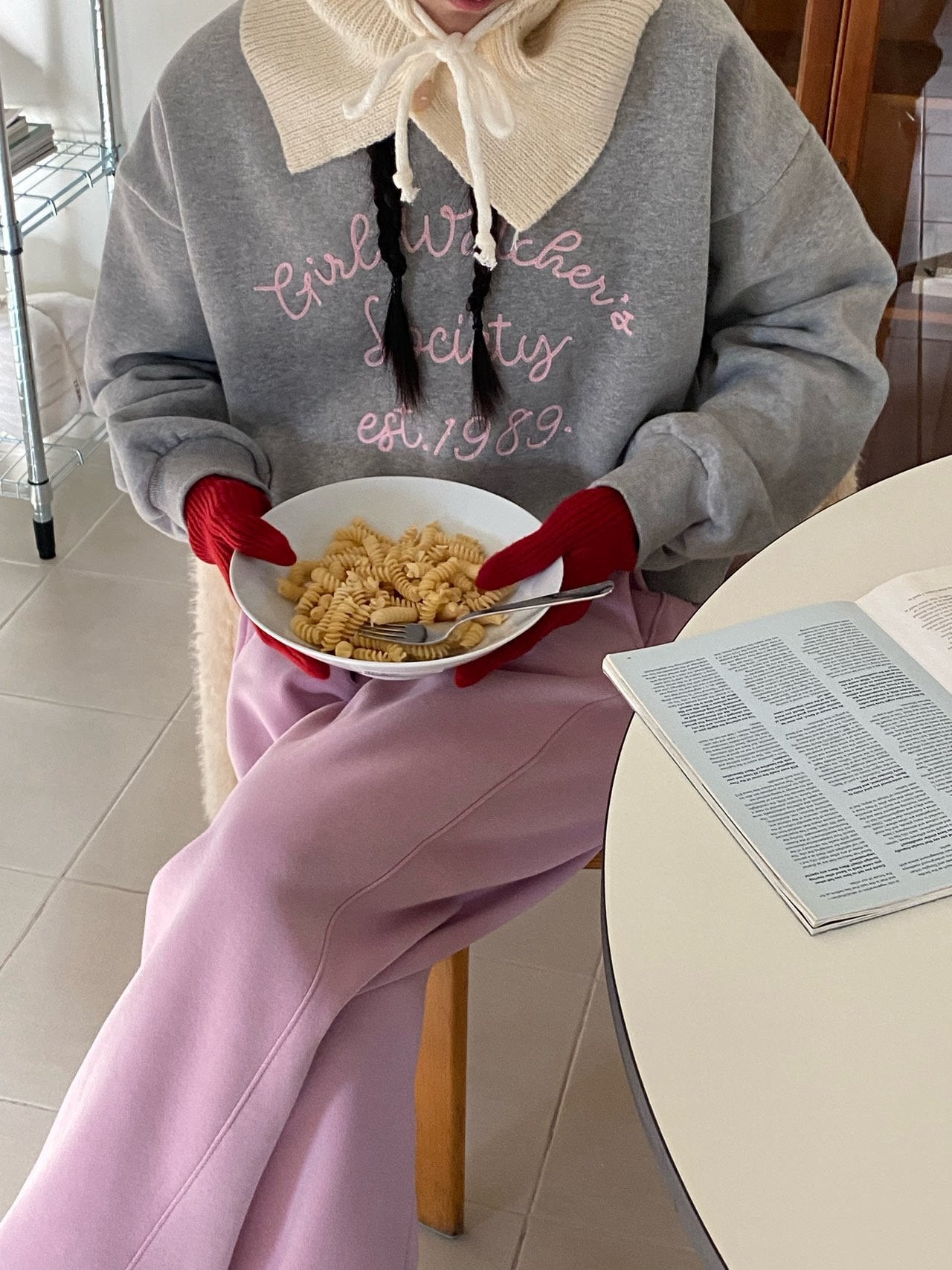 Girl Watcher Society Embroidery Cozy Brushed Fleece Sweatshirt Made in Korea