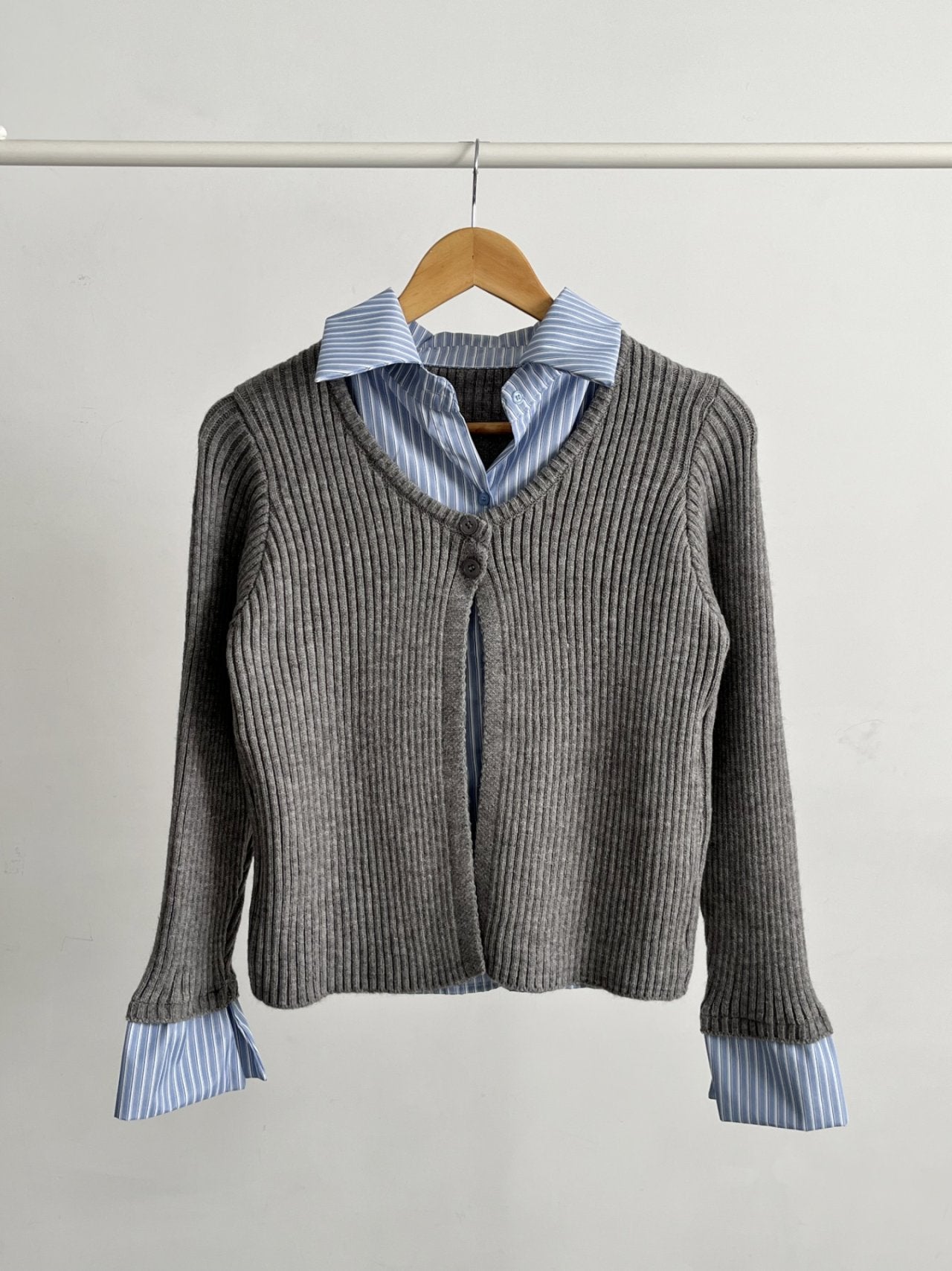 Layered Stripe-Collar Knit Cardigan Top