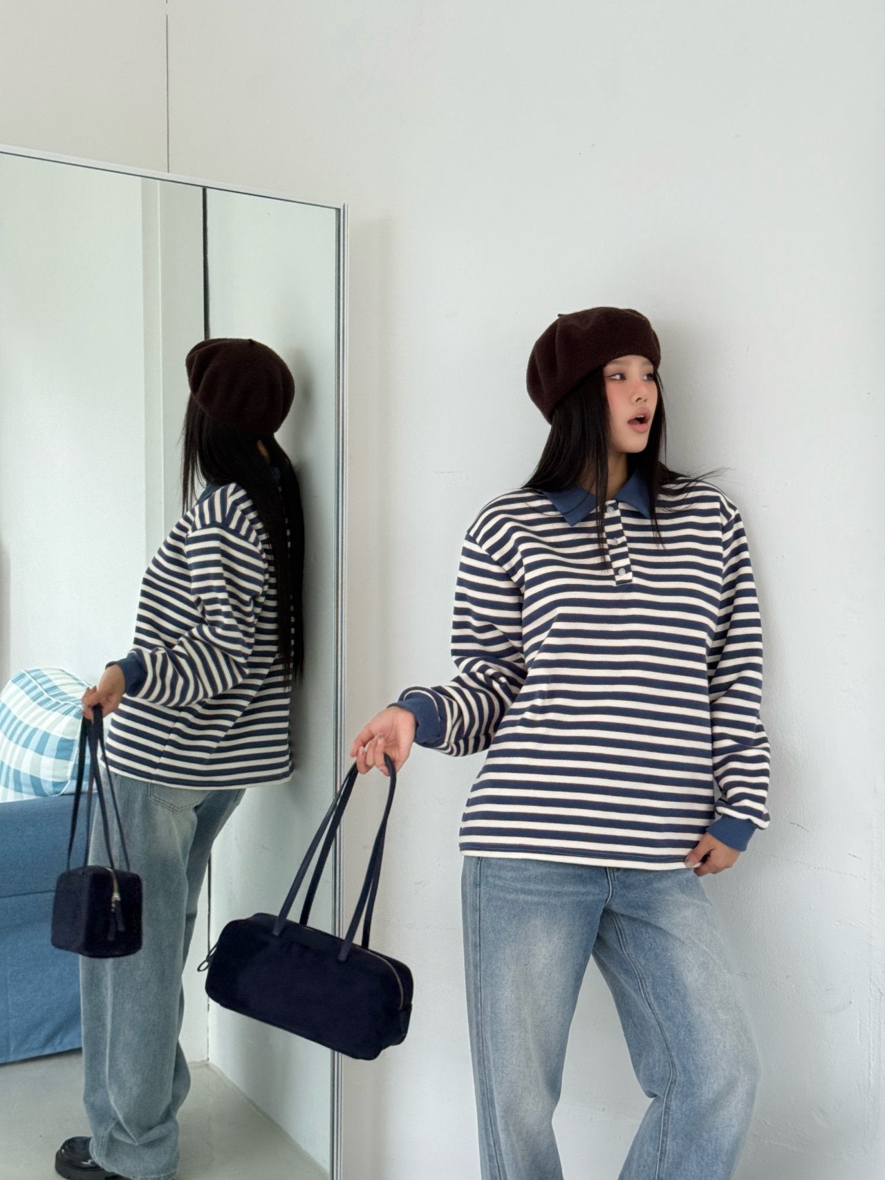 Brushed Fleece Cookie Collar Striped Long Sleeve