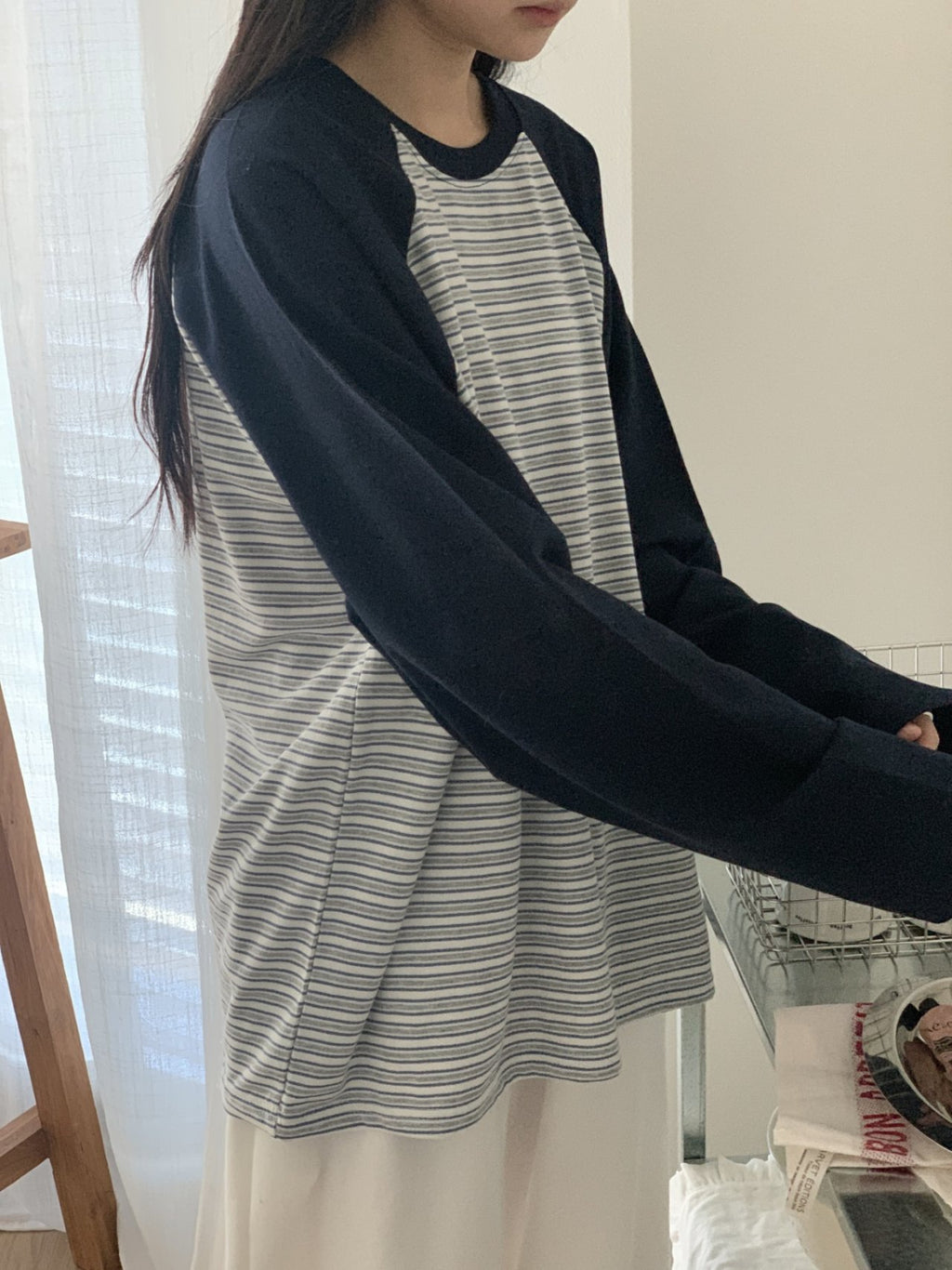 Soft Stripe Raglan Long Sleeve Tee Made in Korea 100% cotton