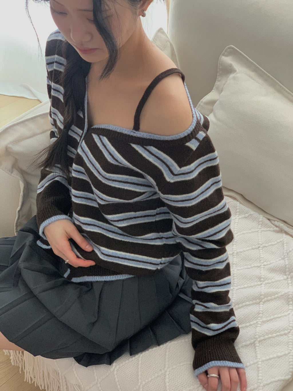 Soft Mood One-Shoulder Off Stripe Cardigan Wool Blend Made in Korea - Luckyplanetusa