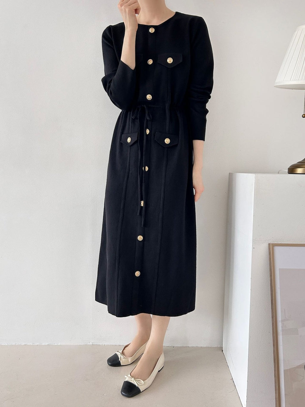 Gold Button Knit Midi Dress - Luckyplanetusa