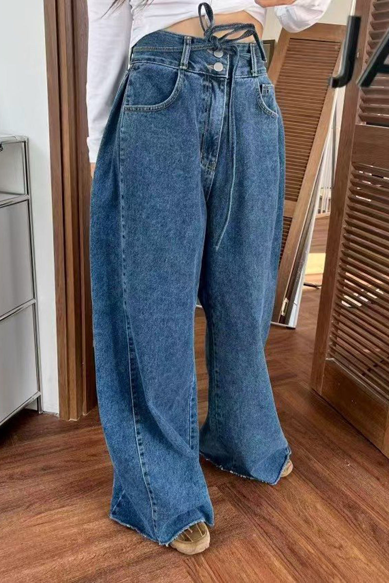Two-Button Belted Wide Denim Pants