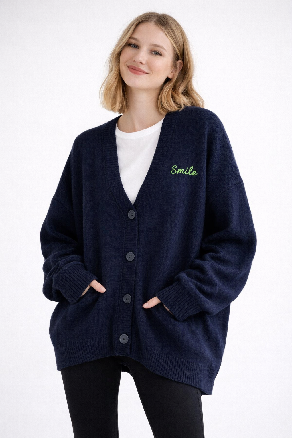 Happy Smile Intarsia Knit Cardigan Oversized Made in Korea - Luckyplanetusa