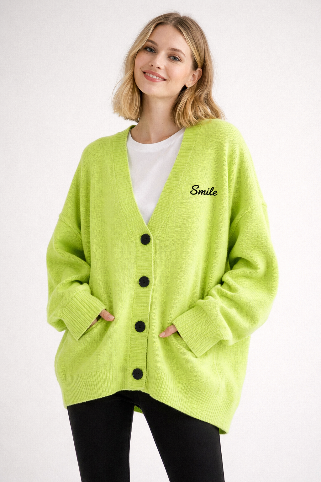 Happy Smile Intarsia Knit Cardigan Oversized Made in Korea - Luckyplanetusa